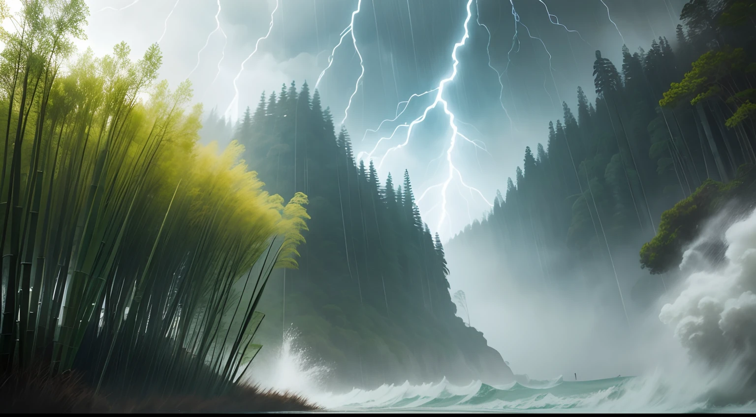 bamboo forest in a strong storm, with a lot of wind. wobbly bowed due to the force of the wind.