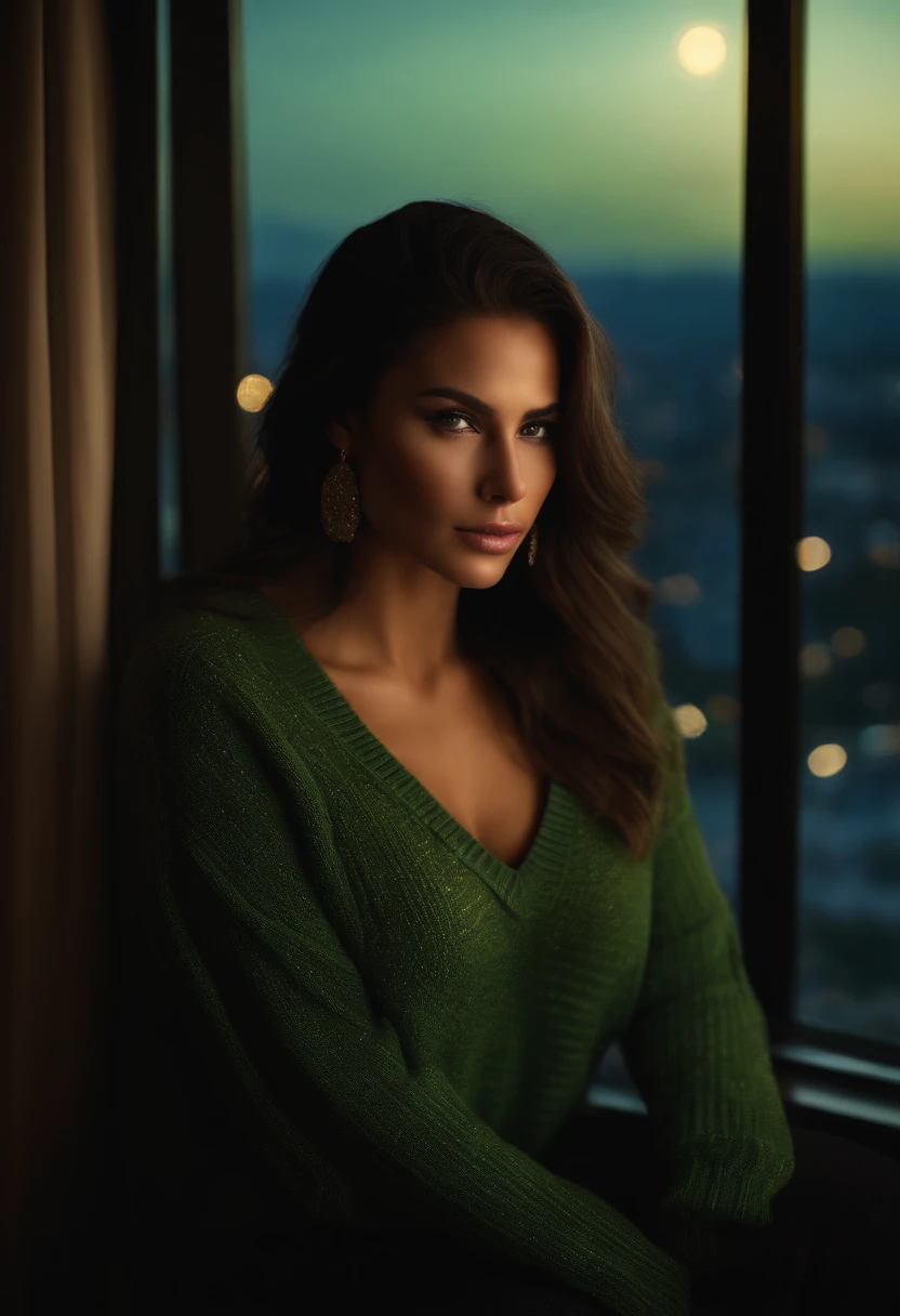 realistic raw photo, A beautiful Latina woman, long dark brown hair, green eyes, Wearing only a luxurious sweater, sitting in front of a large window to the view of a high-end luxury hotel a soulful moonlight with stars in the sky