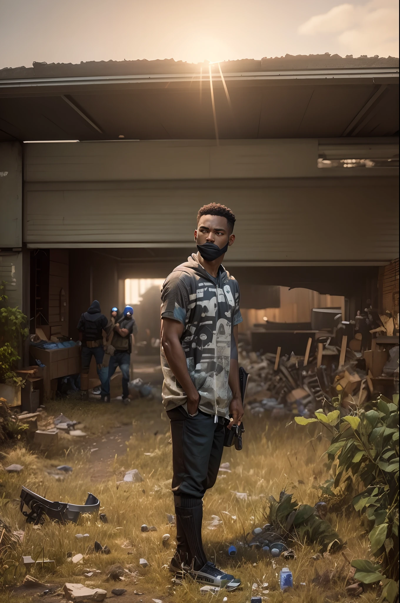 Background change An black American thief holding a pistol, gun, aiming forward, evil thief, bad guy, thief hoodie, looking towards the camera, horrific, look into the camera, detailed, shot, dramatic, daylight, indoor studio light, medium shot, highly detailed, thief clothing, evil, crook, thief, gun, vibrant, detailed texture, detailed face expression, medium shot, full body, ultrawide, long full shot, full body, realistic, bright, ultrarealistic, realistic focus faces, bright scene, city, 8k