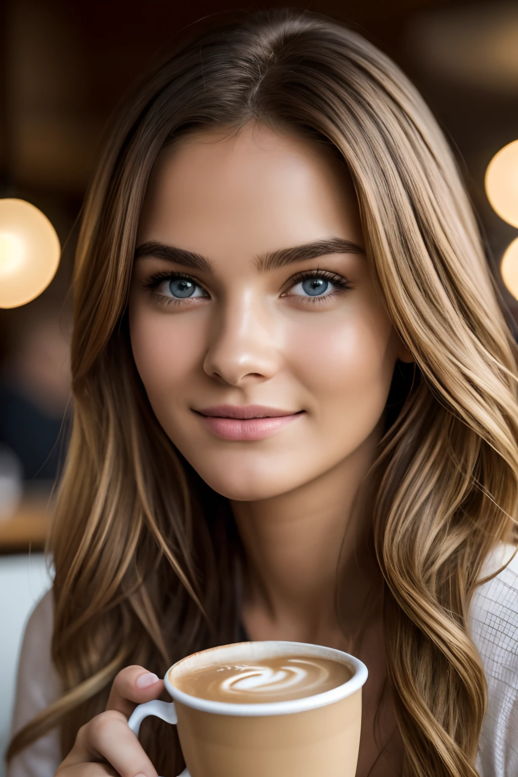Belle brune aux reflets blonds portant un pull beige (in a café drinking soda), Very detailed, 22 ans, visage innocent, natural wavy hair, yeux bleus, High resolution, Masterpiece, Best quality, intricate high detail, highly detailed, mise au point nette, detailed skin, realistic skin texture, texture, detailled eyes, professionnel, 4K, sourire charmant, filmed on Canon, 85 mm, faible profondeur de champ, Couleur Kodak Vision, perfect fit body, Extremely detailed, photographier_\(ultra\), photoreallistic, Realstic, Post-traitement, maximum details, roughness, real life, ultra realist, photorealism, photographie, 8K UHD, photographie