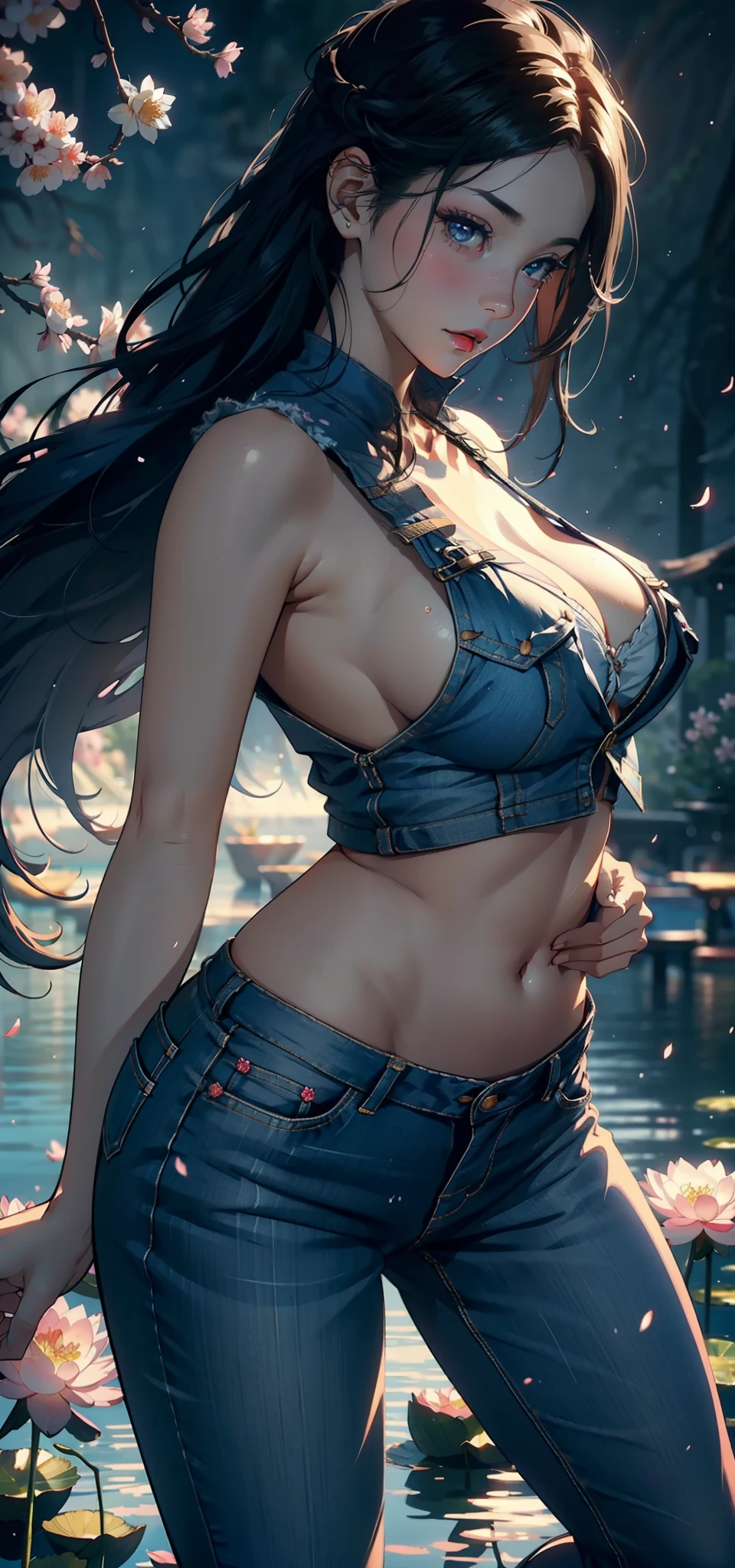1female,45 yers old,Married Woman,熟妇,plumw,extremely large bosom, 独奏,(Background with:ponds,Cherry blossom forest,lotus flower)standing underwater, She has long pink hair,seen from the front,, mostly cloudy sky,(((tmasterpiece),(Very detailed CG unity 8K wallpaper),best qualtiy,cinmatic lighting,detailed back ground,beatiful detailed eyes,Bright pupils,Black eyes,Snow-whiteskin,Redlip(Very fine and beautiful),(Beautiful and detailed eye description),ultra - detailed,tmasterpiece,))facing at camera,A high resolution,ultra - detailed),revealing breasts,Bare genitalia, Bulge,legs are open,Raised sexy,Camel toes,Desire for dissatisfaction,frontage,(Wearing:Blue denim vest,shorter pants,Bare )