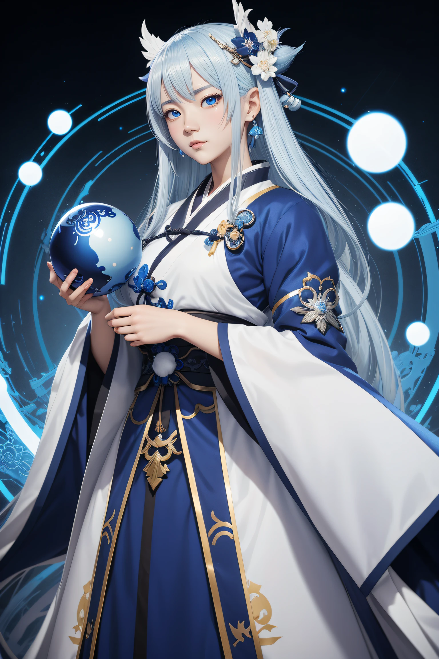 Anime girl holding blue ball in blue and white dress, onmyoji, Onmyoji detailed art, onmyoji portrait, white-haired god, Keqing from Genshin Impact, Genshin, From Arknights, zhongli from genshin impact, heise jinyao, author：Shitao, drak, by Yang J, Yun Ling
