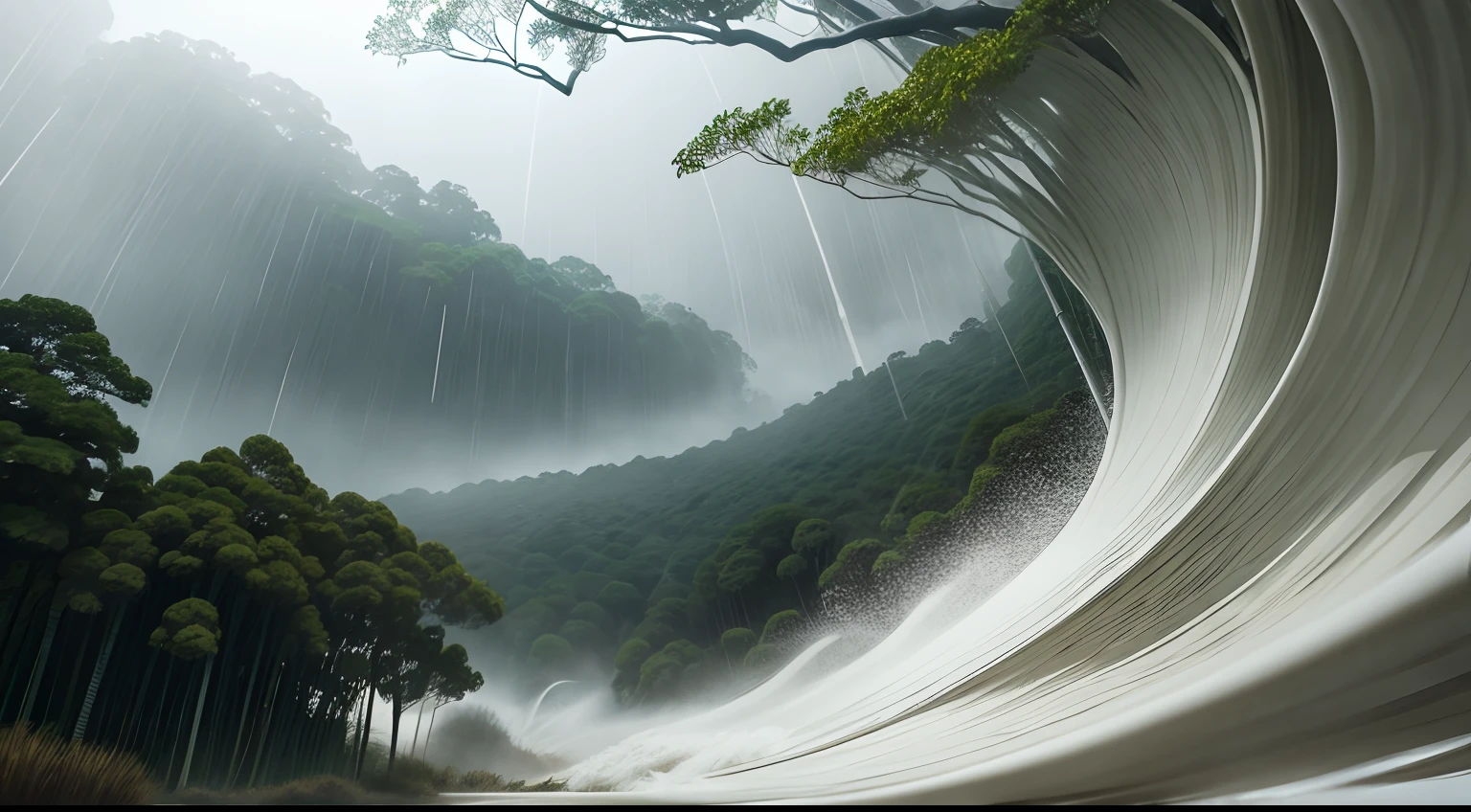 bamboo forest in a strong storm, with a lot of wind. wobbly bowed due to the force of the wind.