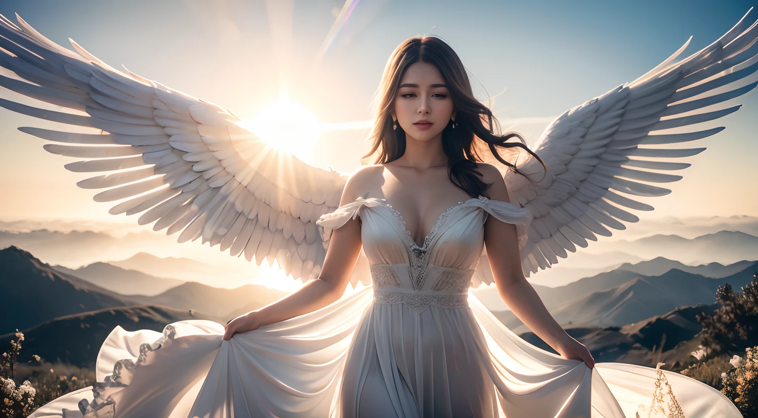 Woman with white wings, ((wings)), long dress detailed, ((bloom)), (masterpiece), (mindfully colorful), divine rays, (ultra high quality), (8K quality ), depth of field, bursts of wind, ((soft detail)), dark style, ((ray tracing effect)), (realistic: 1.3), (sharpened), mountain, multi layers, high gloss, detailed flare, (body curved), DLSR, 8K UHD, (sun glare), detailed ambient lighting, glitters, intense sun, sunny day, clouds