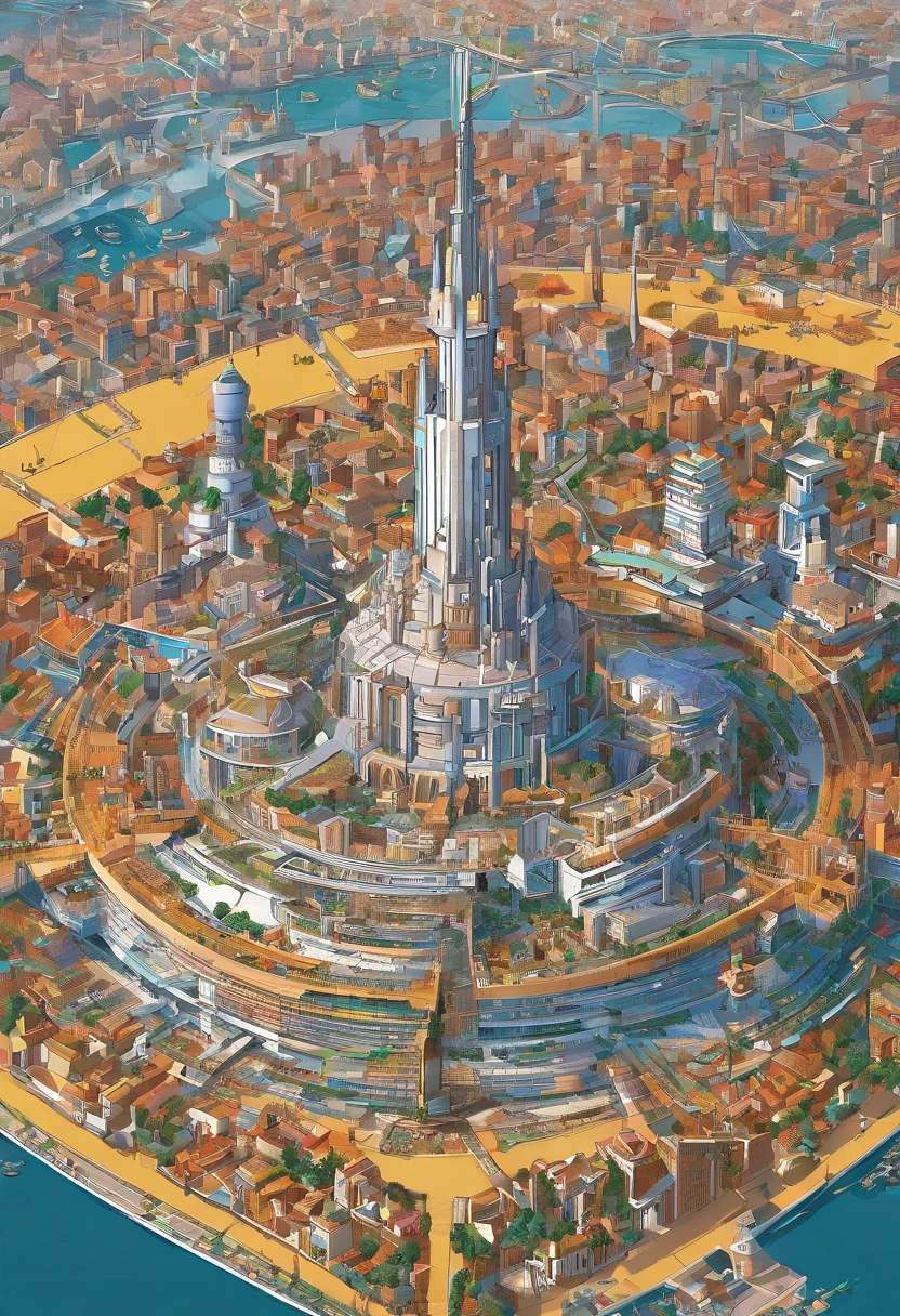 Futuristic metropolis skyline, towering skyscrapers, sleek architecture, advanced technology, bustling activity:1.1, painting a picture of an innovative and bustling city, (metallic and glass facades)1.2 reflecting the sun, a skyline adorned with state-of-the-art buildings and a bustling urban landscape.

Impenetrable fortress, ancient castle aesthetics with modern defense systems, reinforced walls, energy shields:1.1, seamlessly blending the old and the new, (contrasting architectural styles)1.2, a massive (fortress-like structure)1.3 in the heart of the city, featuring impenetrable walls and cutting-edge defense systems.

Guard towers, armed drones patrolling, surveillance networks, high-tech security infrastructure, vigilant protection:1.1, emphasizing the city's focus on safety and defense, (streamlined and efficient structures)1.2, (drones and advanced surveillance)1.3 ensuring the safety of the populace, a modern-day fortress showcasing a city's commitment to its protection.

Central hub of governance, futuristic castle design, command center, strategic location, symbol of authority:1.1, portraying the castle as the nucleus of power, (innovative and commanding architecture)1.2, a (centralized governing structure)1.3, exuding authority and acting as a symbol of strength and governance in the city.

Intricate city layout, concentric rings of development around the castle, organized infrastructure, efficient transportation:1.1, depicting a well-planned urban design, (circular city layout)1.2 around the castle, efficient road networks, and advanced public transport, emphasizing the city's organized and modern approach to development.