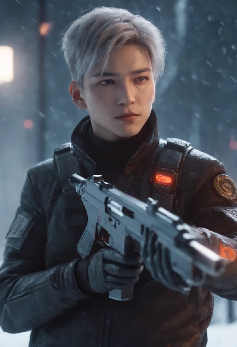 Close-up of a man holding a gun in the snow, Trigon, anime big breast《cyber punk perssonage》, Anime art style trigger, The style of an animated film "red line", Tetsuo of Akira, screenshot from a 2012s anime, akira anime, Crisp high-quality anime, anime bullet vfx, best anime character design, Anime cyberpunk moderno, modern sci-fi anime