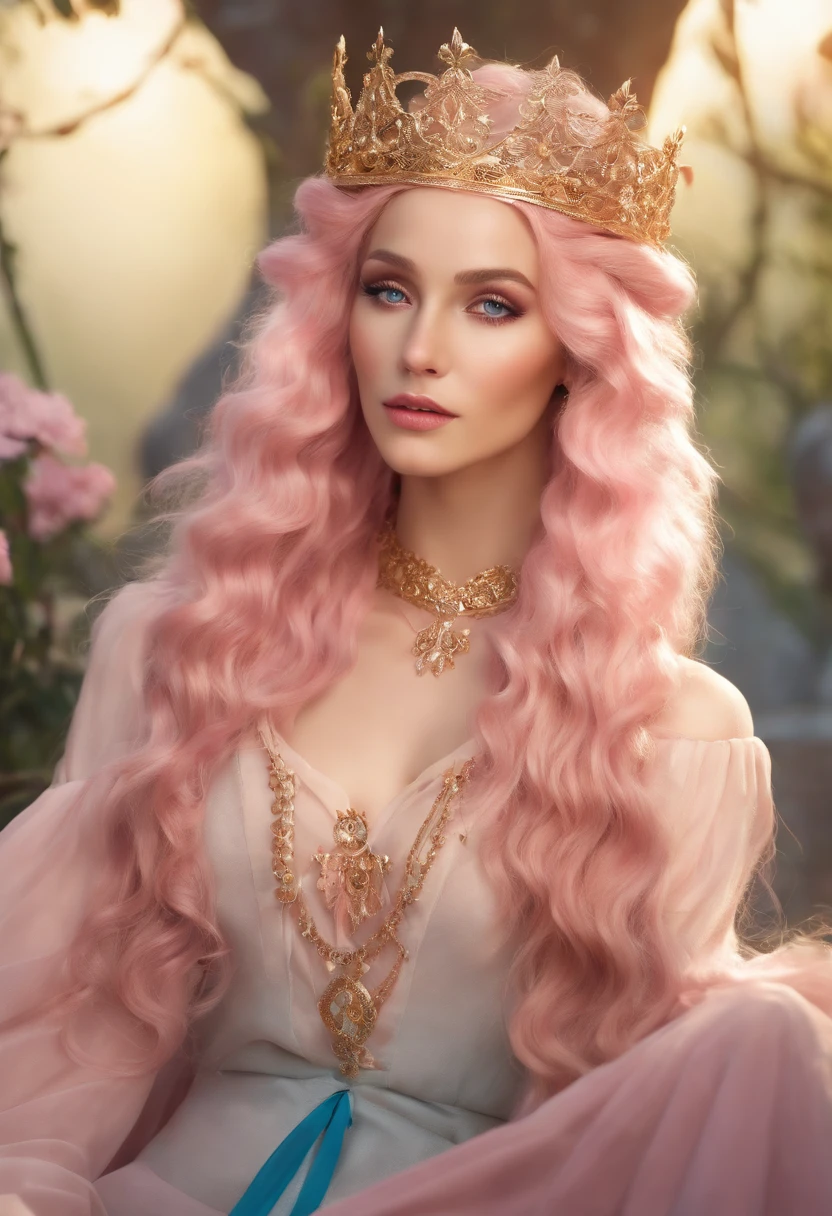 a woman, long curly hair, pink hair, blue eyes, elf, voluminous hair, crown, sitting, golden, sexy, low-cut clothing, elf
