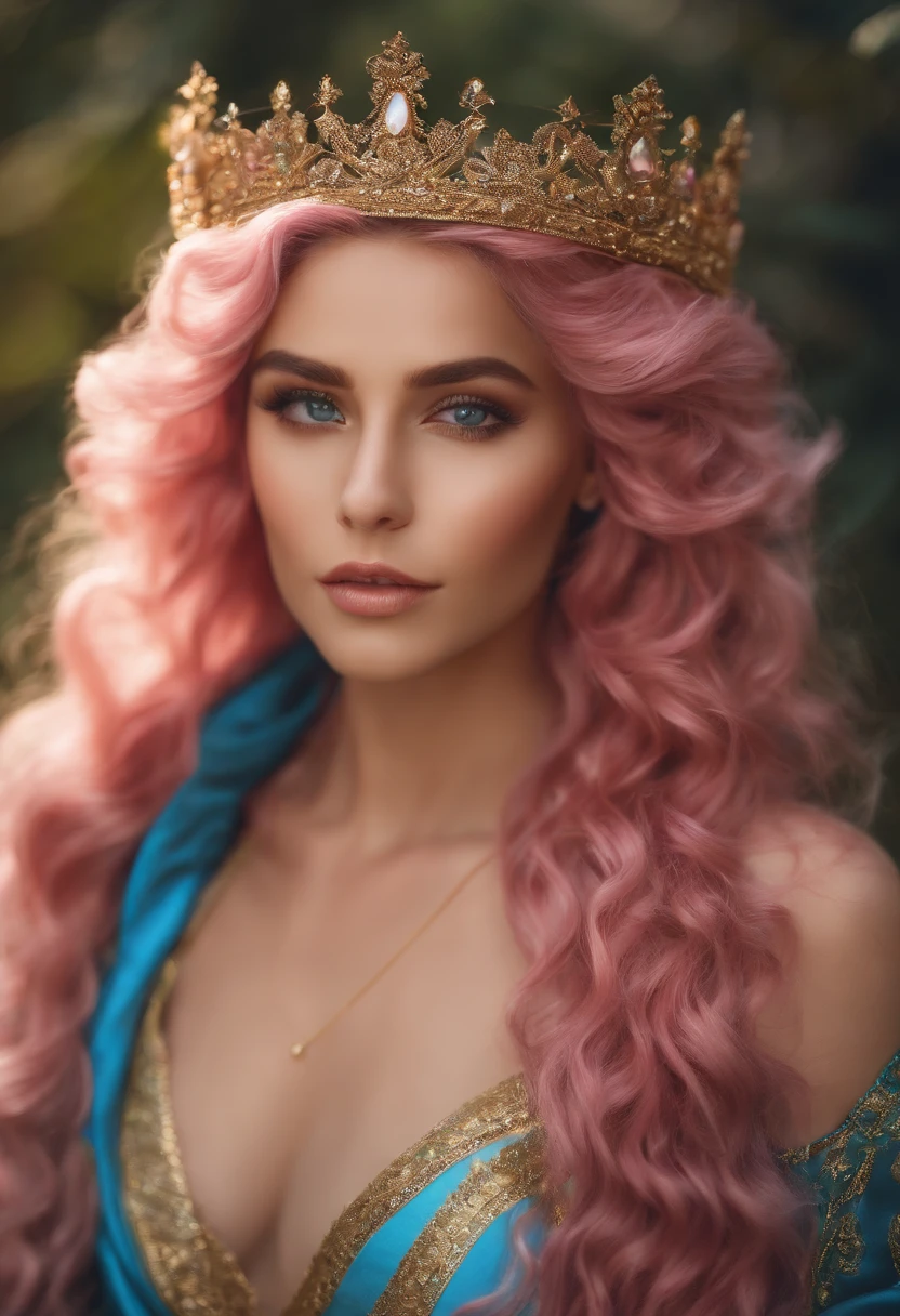 a woman, long curly hair, pink hair, blue eyes, elf, voluminous hair, crown, sitting, golden, sexy, low-cut clothing, elf