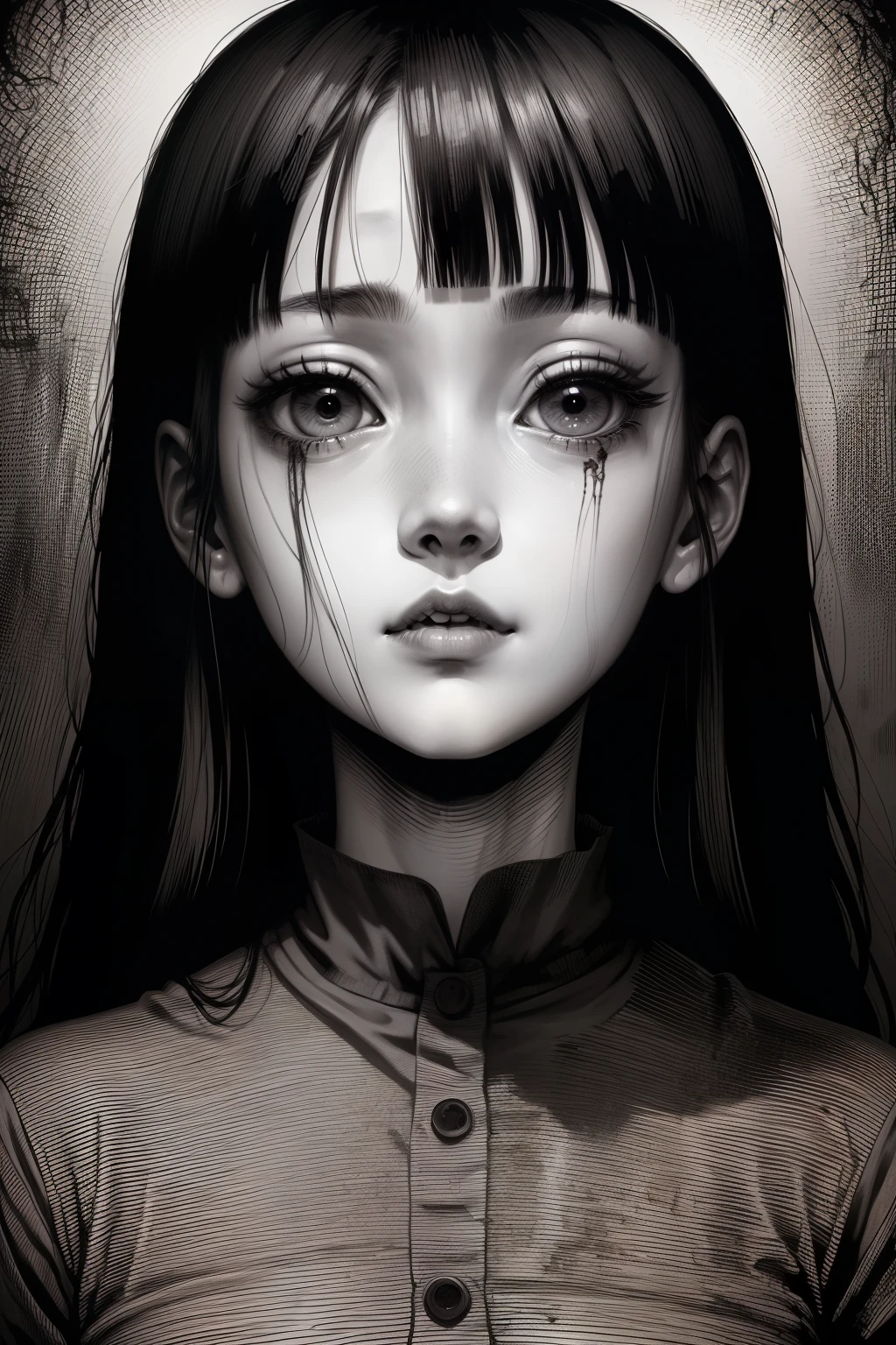 (Junji Ito illustration of girls face+detailed+horror theme:1.5+black and white+creepy atmosphere+disturbing characters)