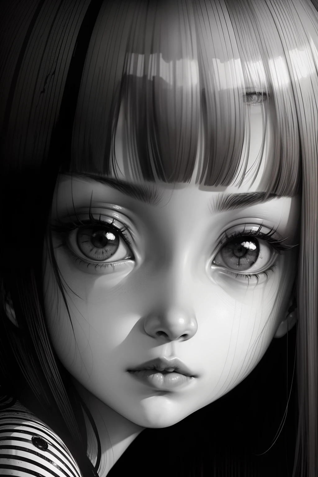 (Junji Ito illustration of girls face+detailed+horror theme:1.5+black and white+creepy atmosphere+disturbing characters)