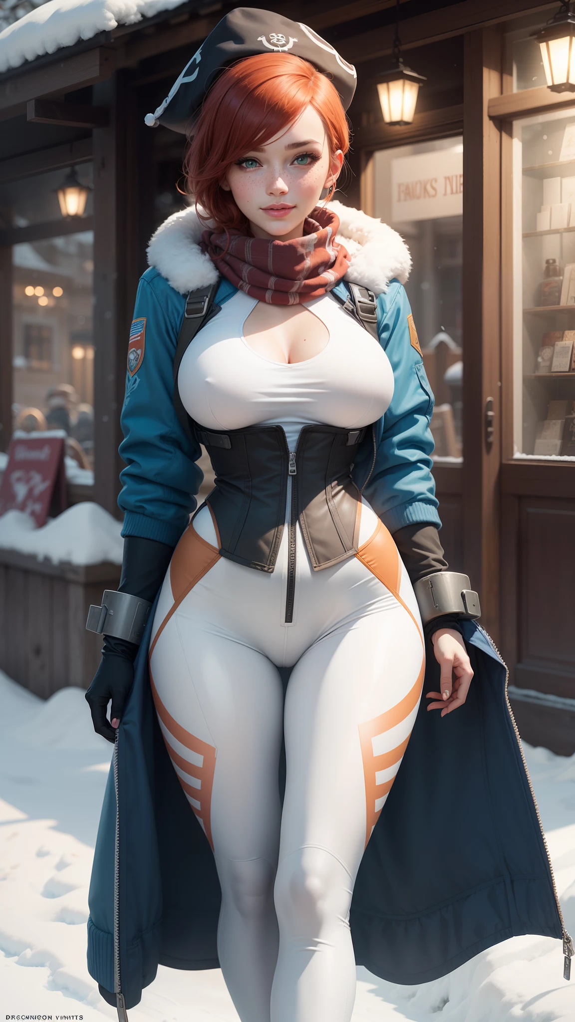 gwen tennyson,1girl,tracer,d.va,rebecca chambers,overwatch,gundam,close up,mecha pilot,winter mountain,rose and blue plugsuit,hair pin,pirate corset, white long sleeve lycra top,winter leggings,short hair,cute makeup,green eyes,orange and blue hair,shy smile, freckles,redhead,beautiful girl,large breasts,ultra detailed,realistic,fantasy art,long winter scarf,winter jacket,snow fall,snowboard,winter hat,christmas village,