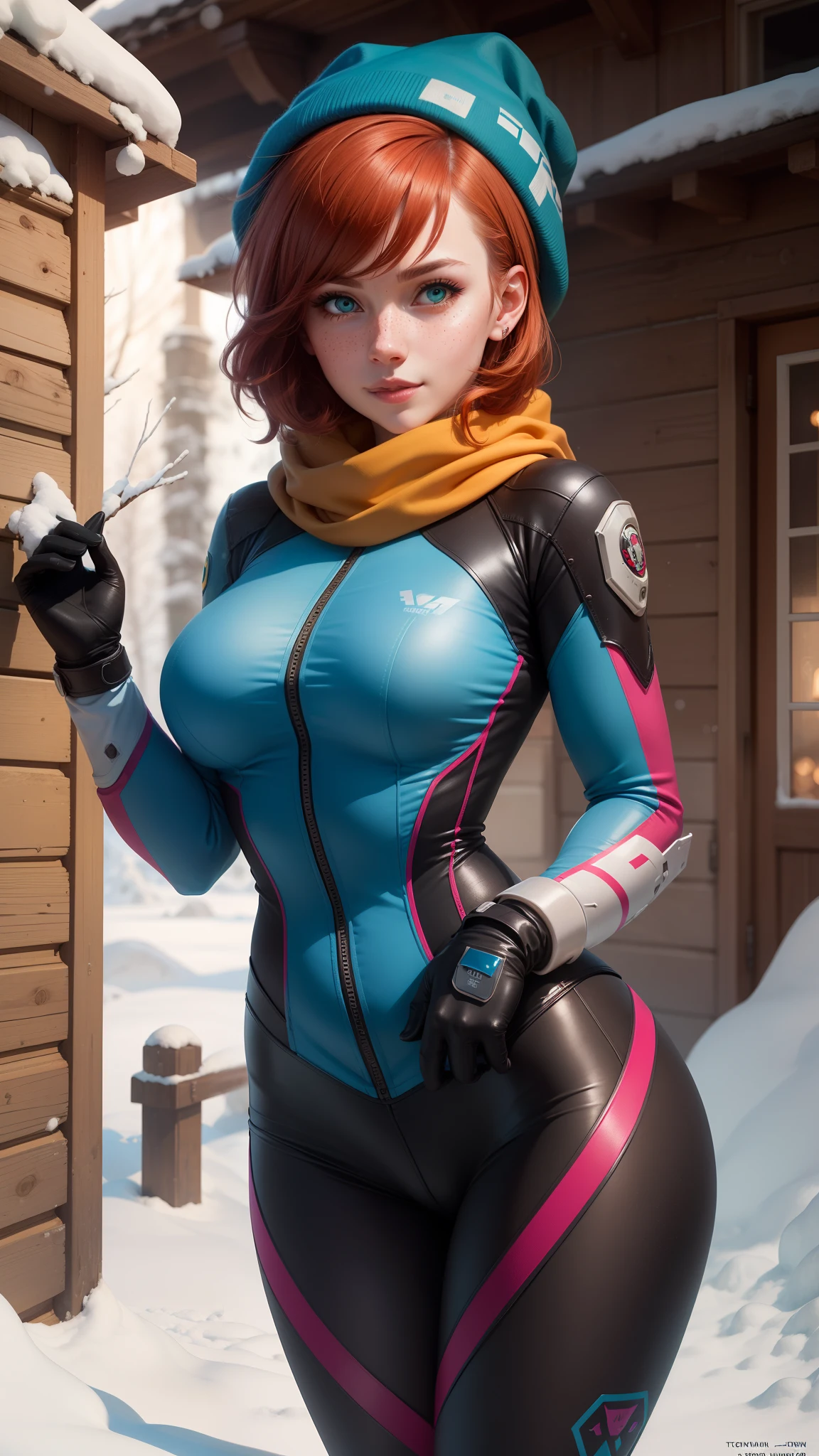 gwen tennyson,1girl,tracer,d.va,rebecca chambers,overwatch,gundam,close up,mecha pilot,winter mountain,rose and blue plugsuit,hair pin,pirate corset, white long sleeve lycra top,winter leggings,short hair,cute makeup,green eyes,orange and blue hair,shy smile, freckles,redhead,beautiful girl,large breasts,ultra detailed,realistic,fantasy art,long winter scarf,winter jacket,snow fall,snowboard,winter hat,christmas village,