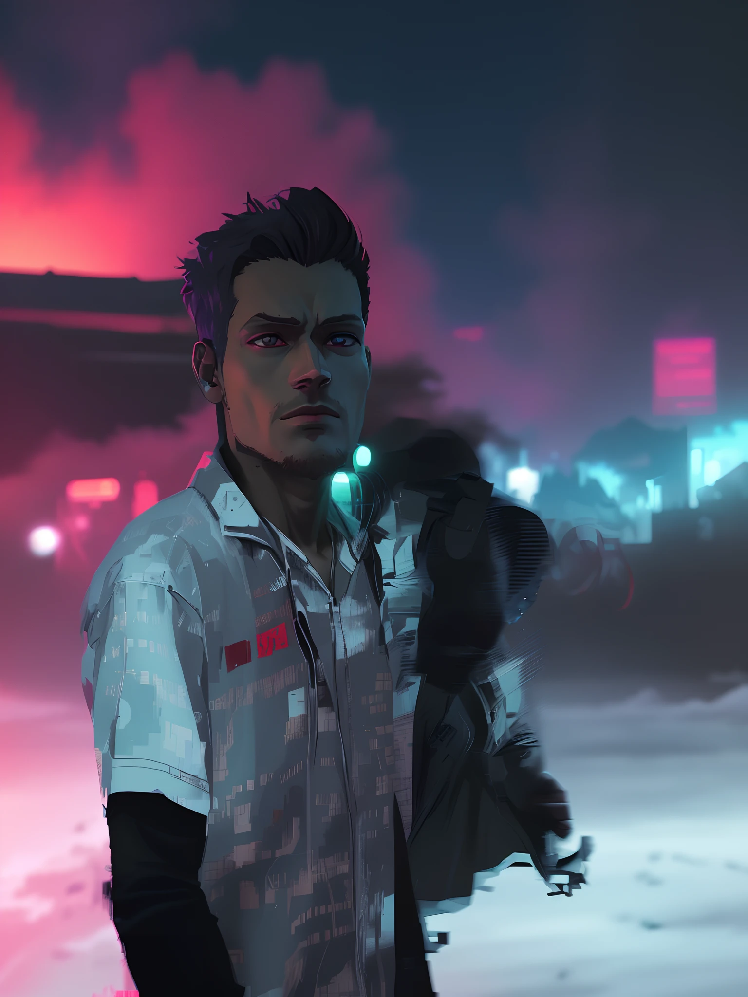 Real face edit Close-up of a man holding a gun in the snow, Trigon, anime big breast《cyber punk perssonage》, Anime art style trigger, The style of an animated film "red line", Tetsuo of Akira, screenshot from a 2012s anime, akira anime, Crisp high-quality anime, anime bullet vfx, best anime character design, Anime cyberpunk moderno, modern sci-fi anime