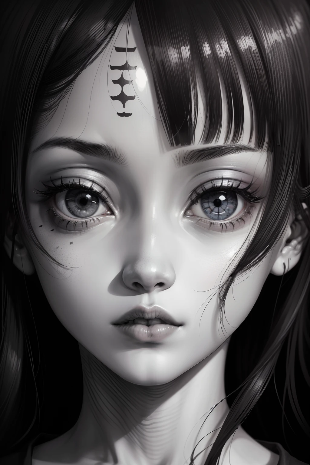 (Junji Ito manga portrait illustration of girls face, detailed, horror theme:1.5, black and white, creepy atmosphere, disturbing characters)
