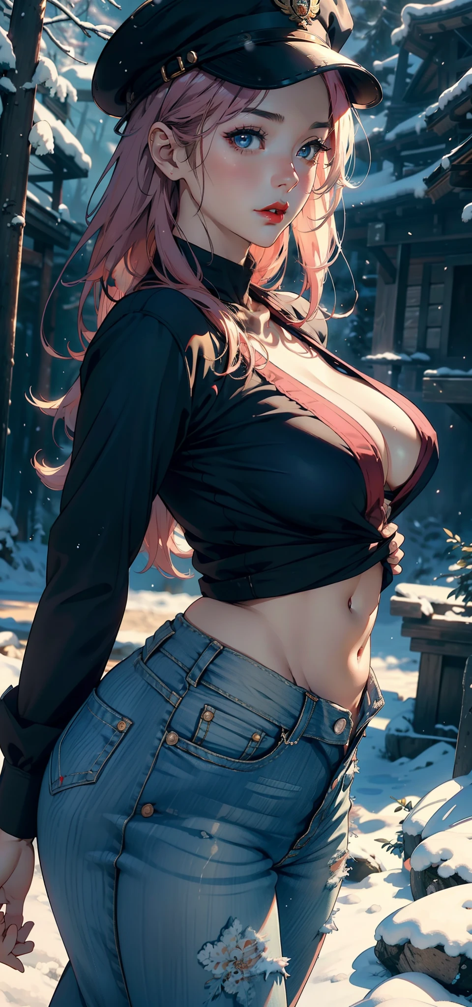 1female,45 yers old,Married Woman,熟妇,plumw,extremely large bosom, 独奏,(Background with:ponds,Coniferous woods,snow mountains)standing underwater, She has long pink hair,seen from the front,, mostly cloudy sky,(((tmasterpiece),(Very detailed CG unity 8K wallpaper),best qualtiy,cinmatic lighting,detailed back ground,beatiful detailed eyes,Bright pupils,Black eyes,Snow-whiteskin,Redlip(Very fine and beautiful),(Beautiful and detailed eye description),ultra - detailed,tmasterpiece,))facing at camera,A high resolution,ultra - detailed),revealing breasts,Bare genitalia, Bulge,legs are open,Raised sexy,Camel toes,Desire for dissatisfaction,frontage,(Wearing:denim short,Bare ,military hat)