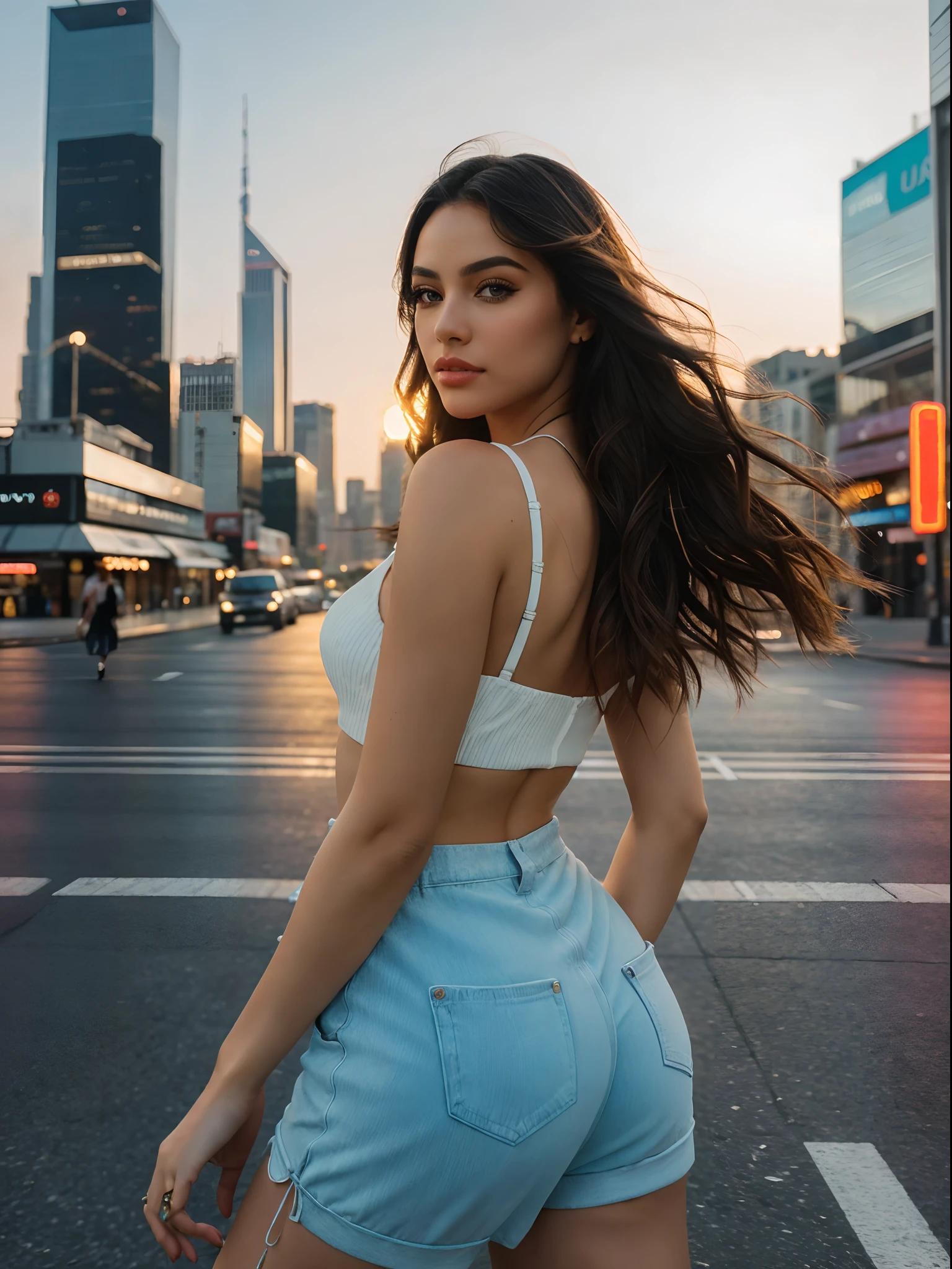 Uma andando na cidade, acompanhado pelos sons agitados de carros e passos. Beautiful detailed eyes and lips that add charm to your face. She is dressed in fashionable clothes, radiating confidence and elegance. The cityscape is filled with tall skyscrapers, vibrant neon lights, E ruas movimentadas. The air is filled with a mix of emotion and urban energy. The girl walks with a purpose, her long eyelashes fluttering in the wind. The city is bathed in a warm glow of the sunset, casting a magical golden light over everything around. The art is created in a realistic style with ultra-detailed and vivid colors. The composition captures the dynamic atmosphere of the city, with a sharp focus on the girl as the central figure. Lighting emphasizes the contrast between light and shadow, adding depth to the scene. The overall image quality is of the best quality, with high resolution and exquisite attention to detail.