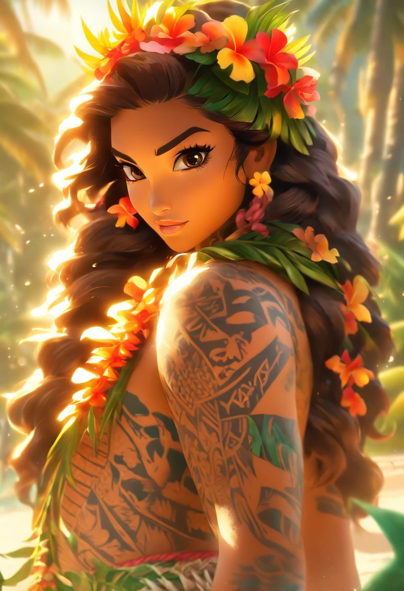 (((Hawaiian woman))) best quality, ultra-high resolution, 4K detailed CG, master piece, Brunette woman, aboriginal, beach, forest, Hawaiian clothing, hawaii, Maori mythology, ((malri tattoos)), Image Style Maori, aesthetic, screen-centered