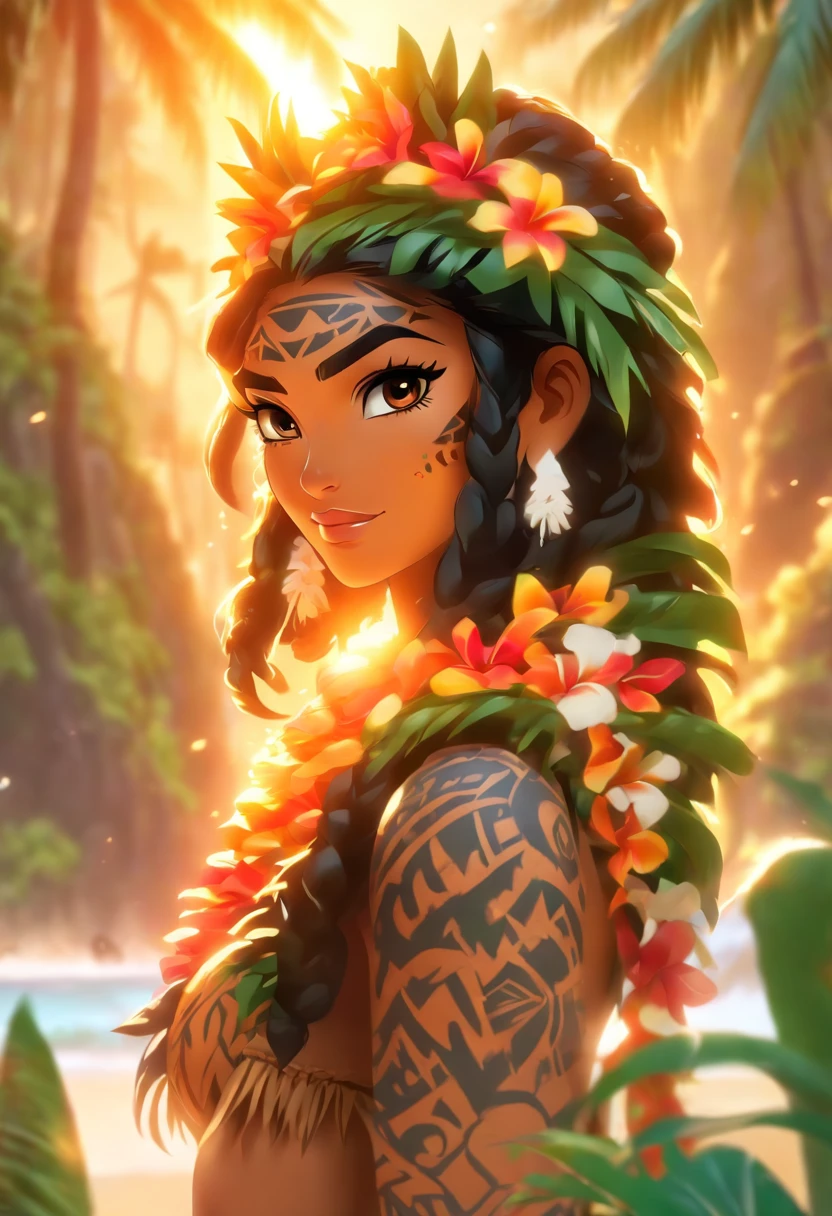 Masterpiece,best quality, a brown skinned hawaiian woman with tribal tattoos, nude, top down bottom up, crawling, arm rest, in front of the sea in hawaii, smiling at viewer