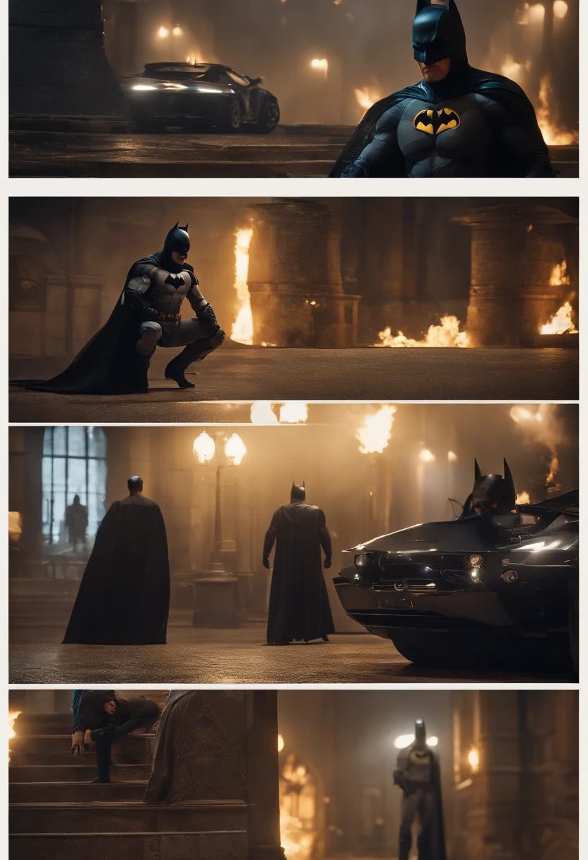 Realistic Batman Cinematic, cercado por fogo, sem costura, epic, cinemactic, detalhes intrincados, premiado, great lighting, sombreamento, alta qualidade, detalhado