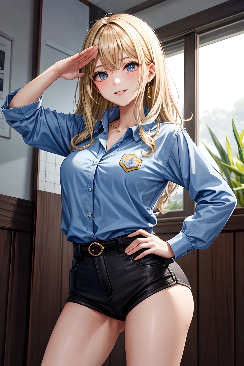 master part, best quality, salute, hand on hip, corpo inteiro, 1girl, franja, gargantilha preta, gravata preta, blonde hair, saia azul, corar, nariz corar, pulseira, seios grandes, clivagem, Gargantilha, roupas na cintura, 鎖骨, camisa de gola, cowboy shot, Camisa Vestida, penetrante na orelha, eyebrows visible through hair, gradient hair, sorriso, Gyaru, jewelries, Kogal, cabelos longos, Olhando para o Viewer, gravata solta, gravata, penetrante, Xadrez, Saia xadrez, saia plissada, olhos vermelhos, anel, Uniforme escolar, camisa, saia, sorrir, sozinho, camisa branca, Rua, heaven