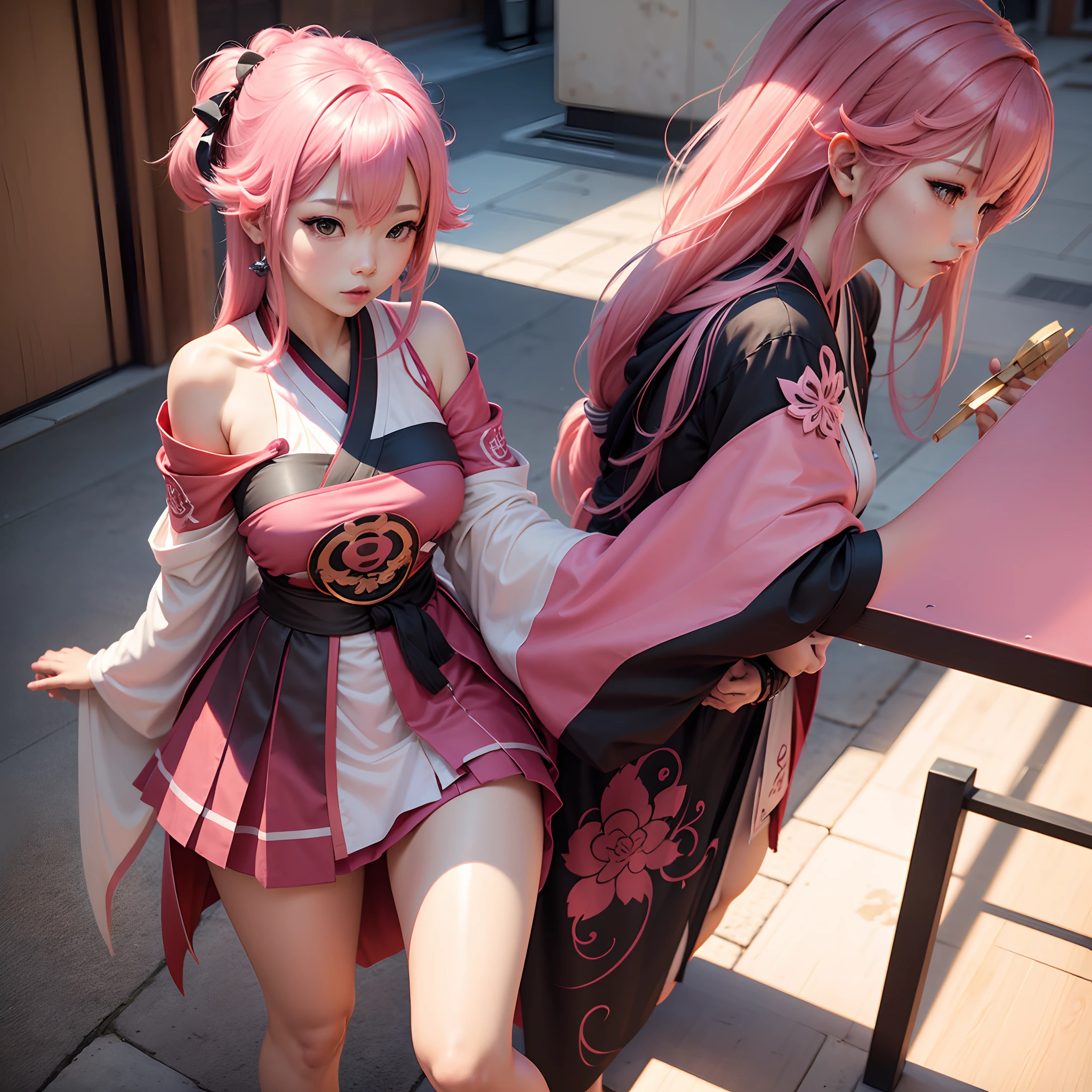 masterpiece, best quality,multiple girls, breasts, 2girls, yae miko, raiden shogun, purple eyes, pink hair, japanese clothes, purple hair, large breasts, long hair, cleavage, hair ornament, thighs, purple kimono, thighhighs, bangs, animal ears, detached sleeves, fox ears, wide sleeves, kimono, moon, weapon, braid,(kbxll:0.8)