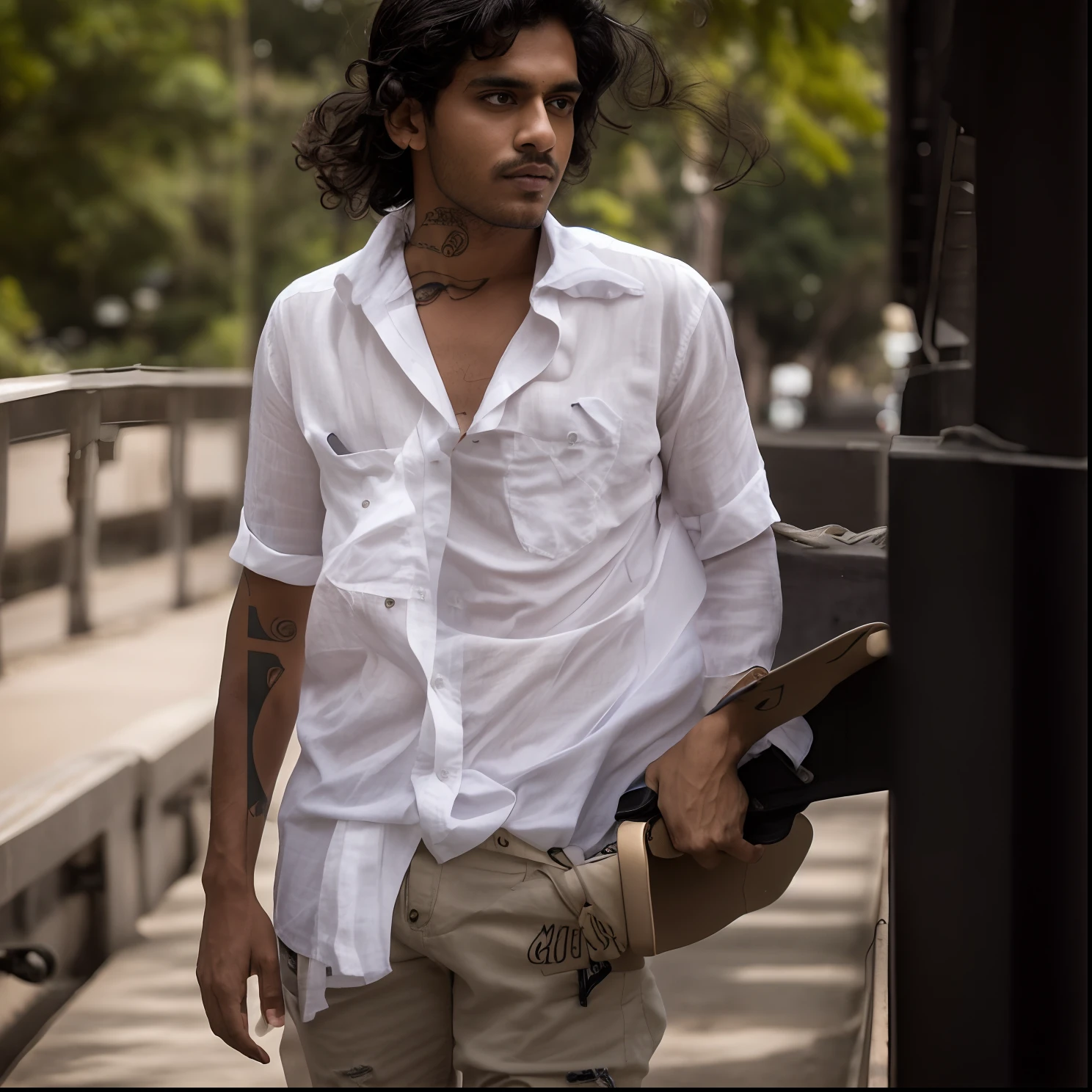 there is a man standing on a bridge with a skateboard, jayison devadas style, jayison devadas, white shirt and blue jeans, stylish pose, with a cool pose, modeling shoot, wearing in shirt, casual photography, shot on sony a 7, wearing white shirt, wearing a linen shirt, mohamed chahin style, mid shot portrait, white shirt and jeans