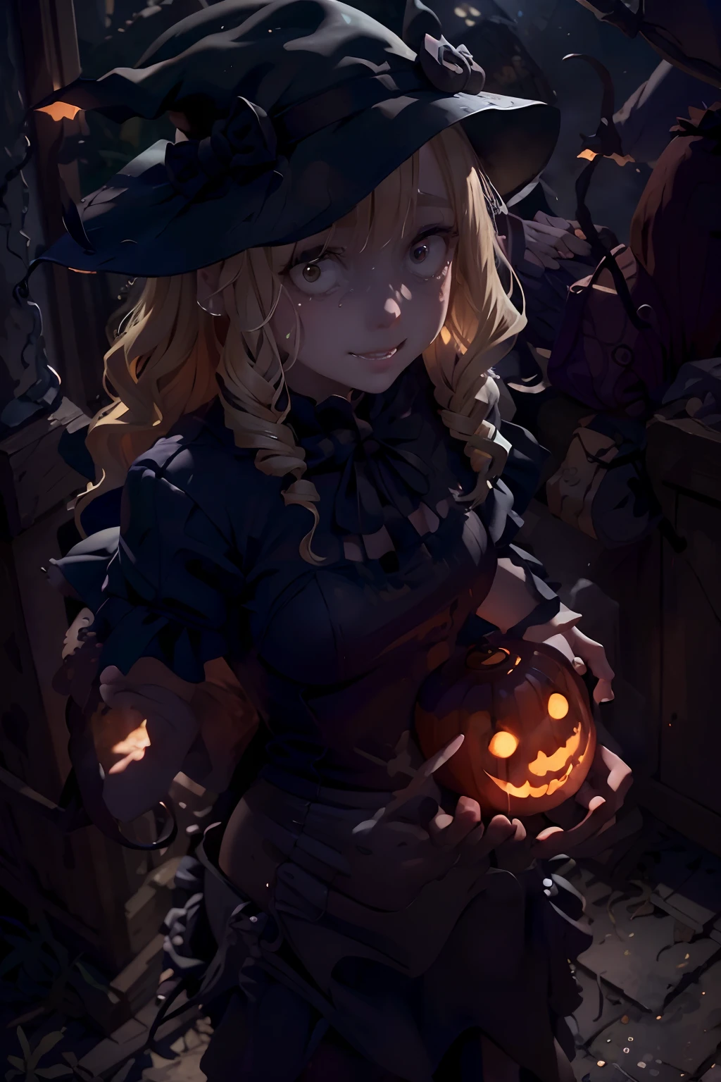 A girl, a pumpkin, and a spooky Halloween scene.illustration, vibrant colors, detailed carving on the pumpkin, spooky atmosphere, eerie lighting, cute girl in a costume, whimsical background, with bats flying around, haunted house in the distance, foggy ambiance, moonlit night, autumn leaves, mystical elements, witch hat, Jack-o'-lantern, trick-or-treating, magical glow, mysterious shadows, glowing eyes, playful expression, mischievous grin, excitement and anticipation, textured brushstrokes, high-resolution artwork, intricate details, photorealistic style, vibrant orange palette. (best quality, 4k, highres, masterpiece:1.2), ultra-detailed, realistic:1.37, HDR, studio lighting, extreme detail description, professional, bokeh, full body