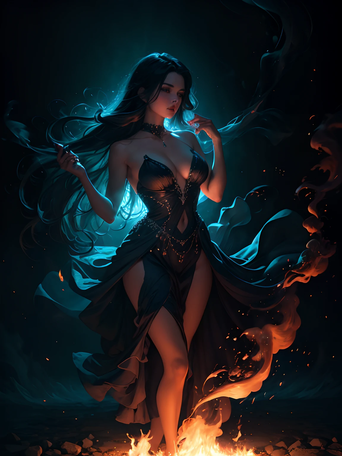 A beautiful woman engulfed in vibrant, swirling blue flames, in a dimly lit room filled with mist and smoke. (best quality, 4k, highres, masterpiece:1.2), ultra-detailed, realistic:1.37, vivid colors, bokeh, (oil painting:1.1), ethereal atmosphere, intense heat and energy, mesmerizing movement of the flames, mysterious shadows dancing on the walls, wisps of smoke intertwining with the mist, glowing embers floating in the air, the woman's captivating gaze piercing through the darkness, long flowing hair radiating with the same blue hues, her graceful figure adorned in an elegant gown that mirrors the flames.