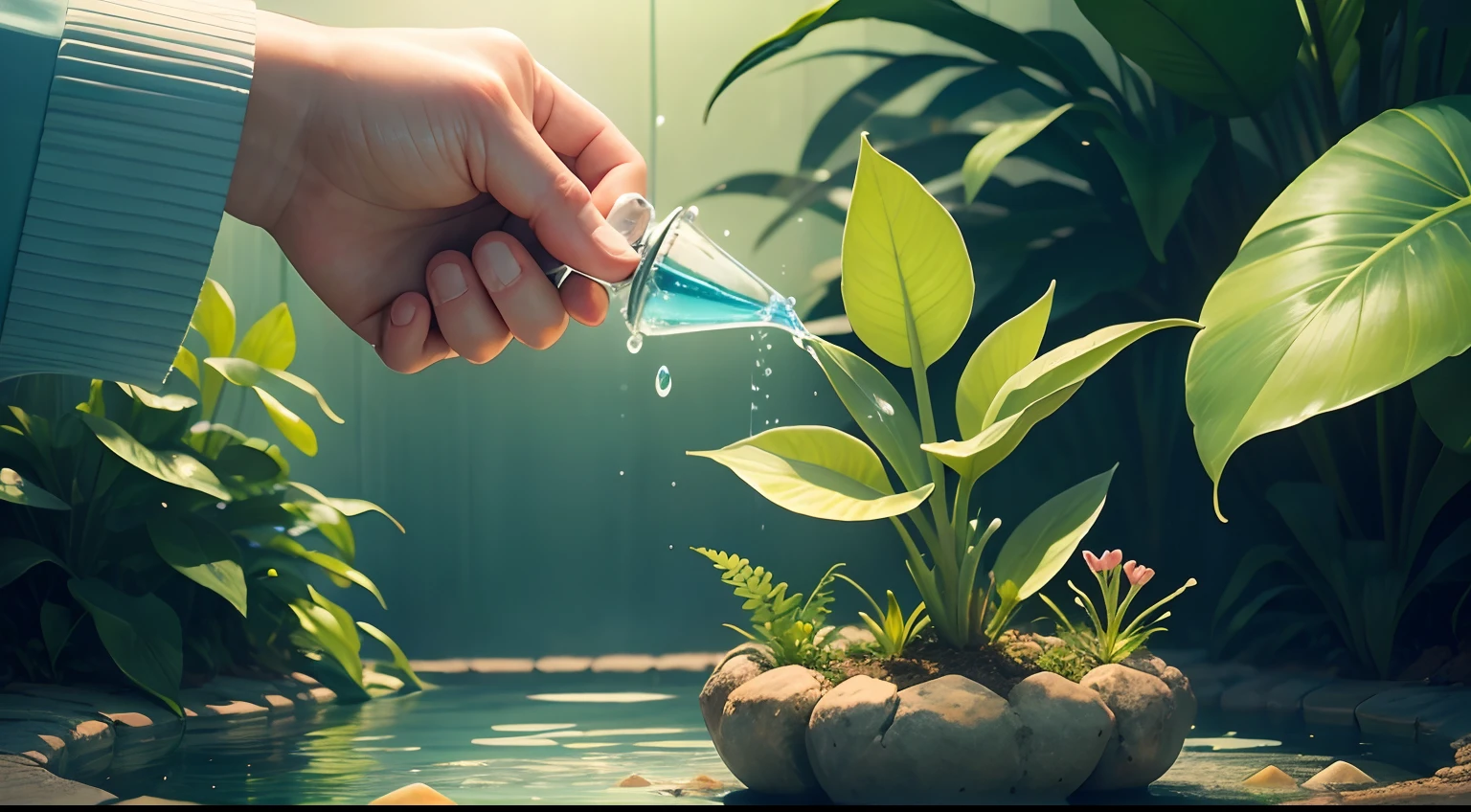 a beautiful plant being watered with crystal clear water, blooming, growing, strong and healthy