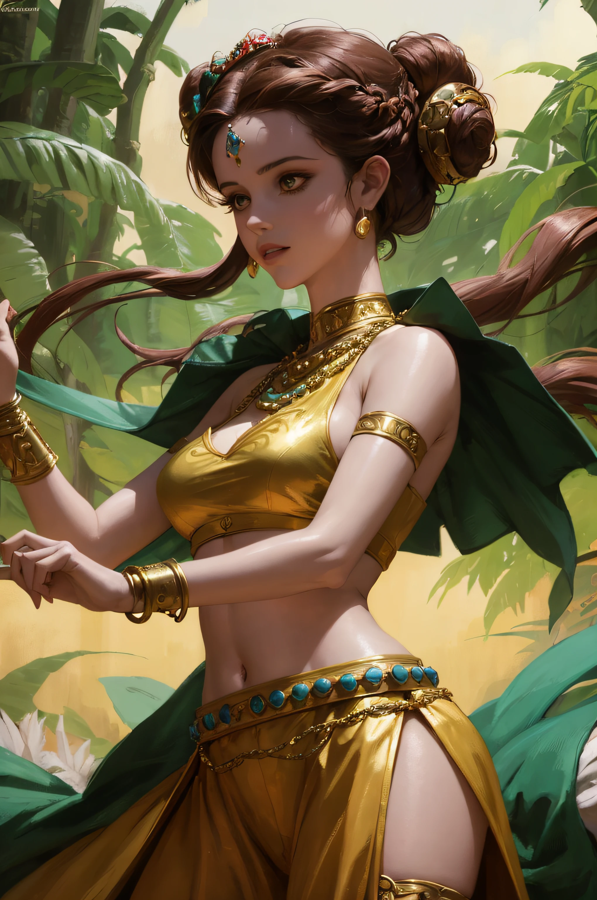 Princess Leia in Belly dancer outfit Outfit wielding a Laser Sword in an Alien Jungle, Illustration, taking inspiration from the legendary Ralph McQuarrie, portraying Leia with intricate details and lush jungle surroundings, emphasizing the contrast between her presence and the exotic environment,dark red Loin cloth with ornamented copper belt, Metal Plate Bikini Armour, snake arm-wrap, --v 5 --stylize 1000 --auto