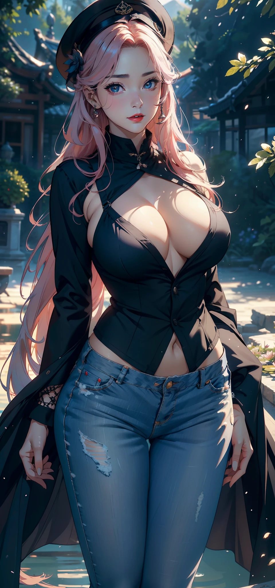 1female，45 yers old，Married Woman，??，plumw，extremely large ?????， 独奏，（Background with：ponds，Coniferous woods，snow mountains，lotus flower）standing underwater， She has long pink hair，seen from the front，， mostly cloudy sky，（（（tmasterpiece），（Very detailed CG unity 8K wallpaper），best qualtiy，cinmatic lighting，detailed back ground，beatiful detailed eyes，Bright pupils，Black eyes，Snow-whiteskin，Redlip（Very fine and beautiful），（Beautiful and detailed eye description），ultra - detailed，tmasterpiece，））facing at camera，A high resolution，ultra - detailed），revealing breasts，Bare genitalia，  Bulge，legs are open，Raised sexy，Camel toes，Desire for dissatisfaction，frontage，（Wearing：denim short，Bare ，military hat）
