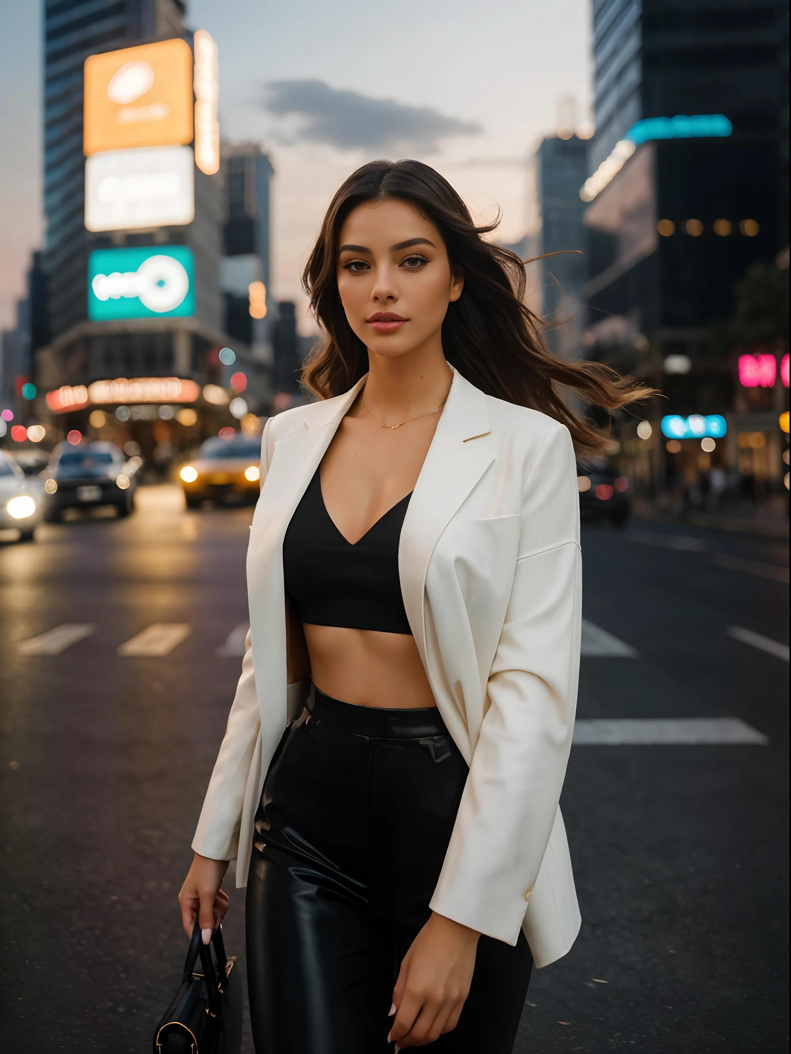 Uma andando na cidade, acompanhado pelos sons agitados de carros e passos. Beautiful eyes and detailed lips that give charm to your face. She is dressed in fashionable clothes, radiating confidence and elegance. The cityscape is filled with tall skyscrapers, vibrant neon lights, E ruas movimentadas. The air is filled with a mix of excitement and urban energy. The girl walks with a purpose, her long eyelashes fluttering in the wind. The city is bathed in a warm glow of the sunset, casting a magical golden light over everything around. The art is created in a realistic style with ultra-detailed and vivid colors. The composition captures the dynamic atmosphere of the city, with a sharp focus on the girl as the central figure. Lighting emphasizes the contrast between light and shadow, adding depth to the scene. The overall image quality is of the best quality, with high resolution and exquisite attention to detail.