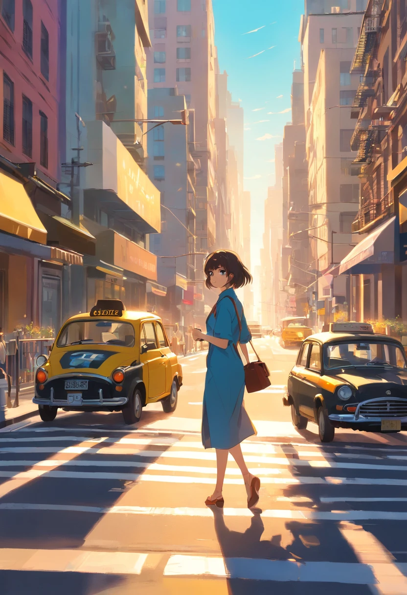 Un joven, stunningly beautiful woman walking through New York City. (La mejor calidad,4k,8k,Altas Resoluciones,Obra maestra:1.2),Ultra detallado,(realista,fotorrealista,fotorrealista:1.37), colores vibrantes, profesional, Calles bulliciosas, Arquitectura impresionante, Elegante atuendo de alta costura, Paso seguro, Luz dorada del sol, Shadows Dramatic, vendedores ambulantes que venden flores de colores, Classic yellow taxis passing through, Rascacielos imponentes, Energy life of the city, Feeling of freedom and exploration, Aspecto elegante y con estilo, Bolso chic, Cabello impecablemente peinado, Maquillaje llamativo, Gafas de sol de moda, Attractive and magnetic presence.