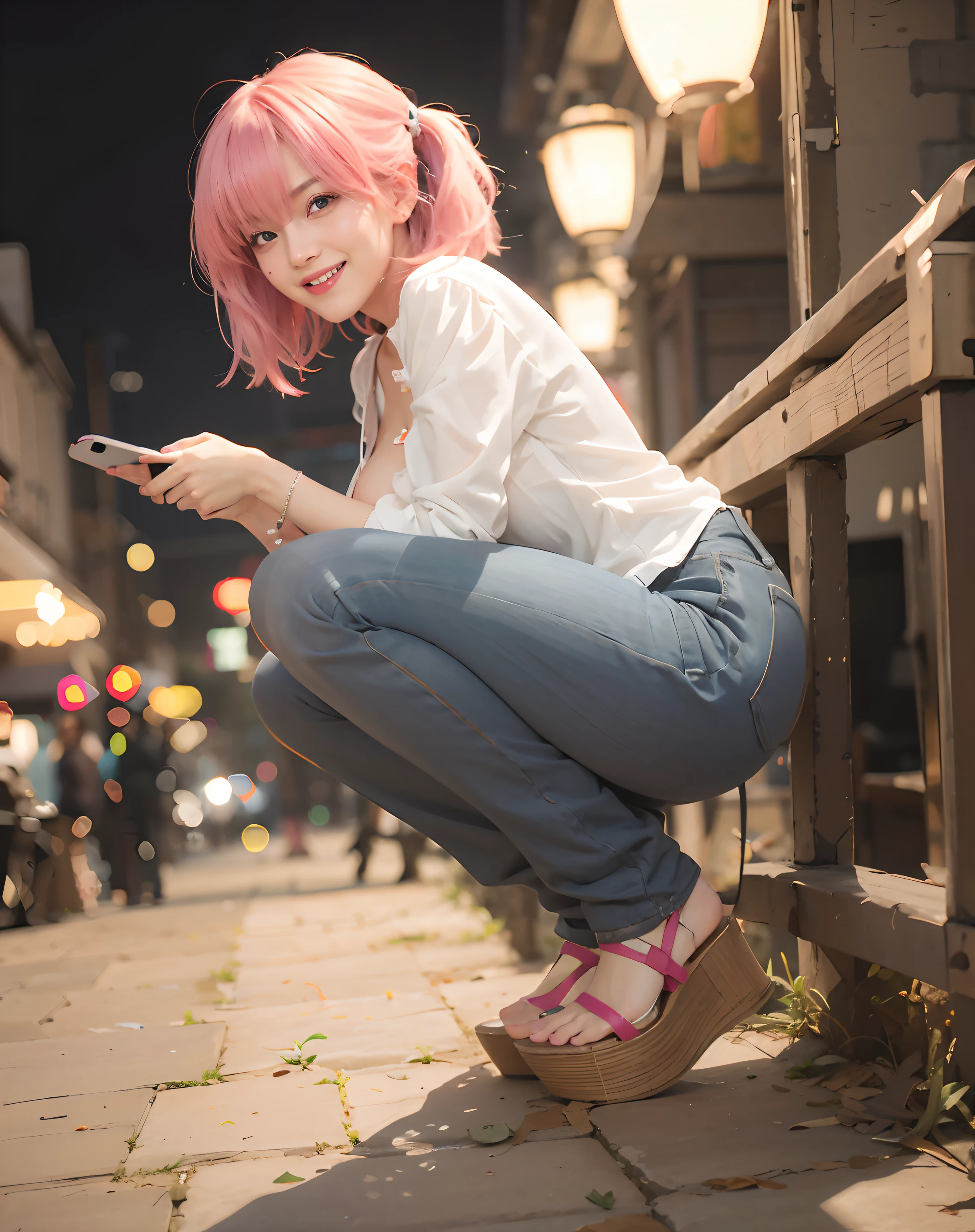 araffe girl with pink hair sitting on a bench looking at her cell phone, anime girl in real life, cute girl with short pink hair, with pink hair, the anime girl is crouching, beautiful anime girl squatting, attractive anime girl, kawaii shirt and jeans, anime girl cosplay, anime style mixed with fujifilm, young anime girl, anime girl, masterpiece, superdeformed, (((full body:1.3))), ultra high res, RAW photo, masterpiece, ultra detailed, 8k, full detailed hair, highres, best quality, ultra high res, ultra detailed face and eyes, (((photorealistic:1.4))), looking at viewer, (((smiling:1.2))), cute, (((large breast:1.7))), (((ray tracing:1.4))), ((((long legs:1.4)))), Best quality , masterpiece, large hip, Fully facial detailed, beautiful, ((very detailed of hair )) , (((************:1.2))), thin lips, big eyes, highres, seducing, blue eyes , slim waist, 8k:1.2, 16k:1.2, highres, karol bak uhd, inspired by hajime sorayama, sensual gravure idol, buxom chested, panasonic lumix s pro 70mm