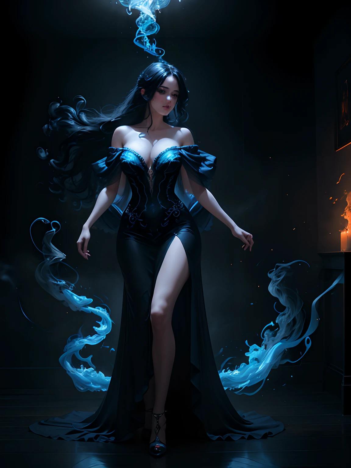 A beautiful woman engulfed in vibrant, swirling blue flames, in a dimly lit room filled with mist and smoke. (best quality, 4k, highres, masterpiece:1.2), ultra-detailed, realistic:1.37, vivid colors, bokeh, (oil painting:1.1), ethereal atmosphere, intense heat and energy, mesmerizing movement of the flames, mysterious shadows dancing on the walls, wisps of smoke intertwining with the mist, glowing embers floating in the air, the woman's captivating gaze piercing through the darkness, long flowing hair radiating with the same blue hues, her graceful figure adorned in an elegant gown that mirrors the flames.