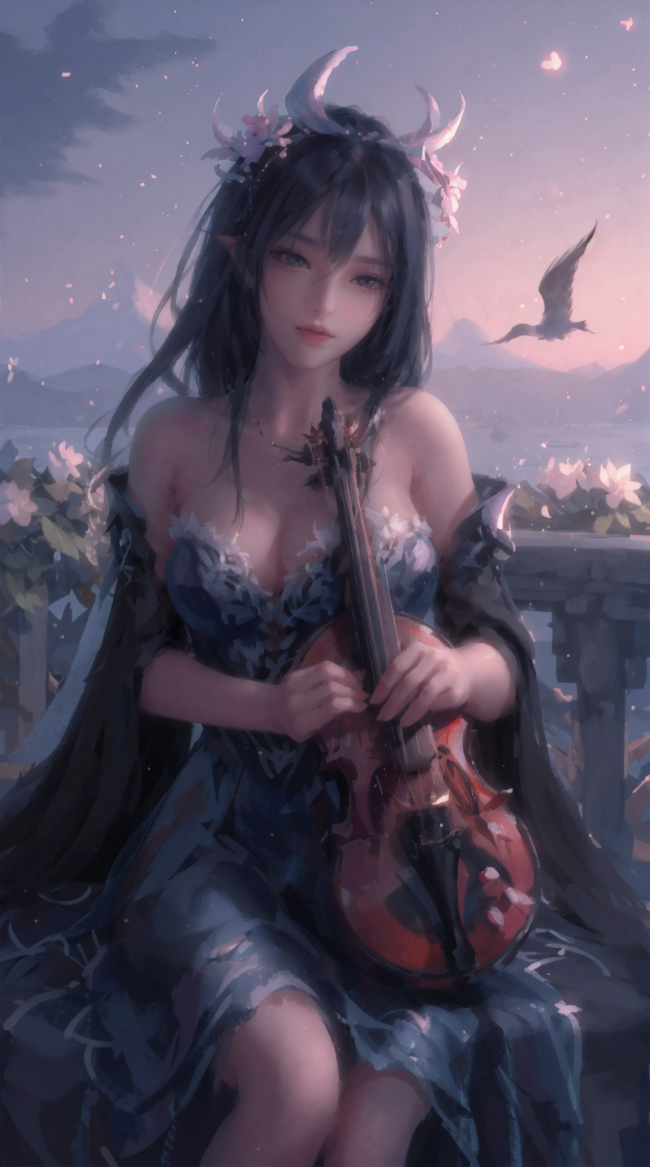 Raw, cinematic shot, (sharp focus:1.5), (photorealistic:1.4), twilight lighting, volumetric lighting, ultra high res, 16K,dramatic lighting, 1girl, solo, long hair, violin, instrument, black eyes, dress, white dress, white hair, looking at viewer, light particles, closed mouth, indoors, jewelry, sleeveless, bare shoulders, bangs, head tilt, black rose, beautiful detailed eyes, detailed background, amanhecer, cloud, flower, sky, scenery, day, grass, outdoors, blue_sky, field, cloudy_sky, horizon, hydrangea, water, ocean, mountain, blue_flower, flower_field, bird, The black bow on the head, qingsha, plyaing violin, harp, sole, foot focus, violin,