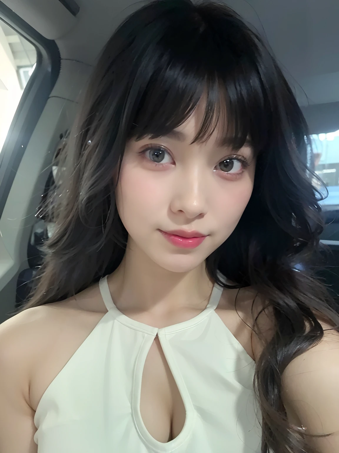 best quality, ultra high res, (photorealistic:1.4), 1girl, off-shoulder white shirt, black tight skirt, black choker, (faded ash gray hair:1), (huge breasts:1.2), looking at viewer, closeup , smooth skins, soft lightening, 4k