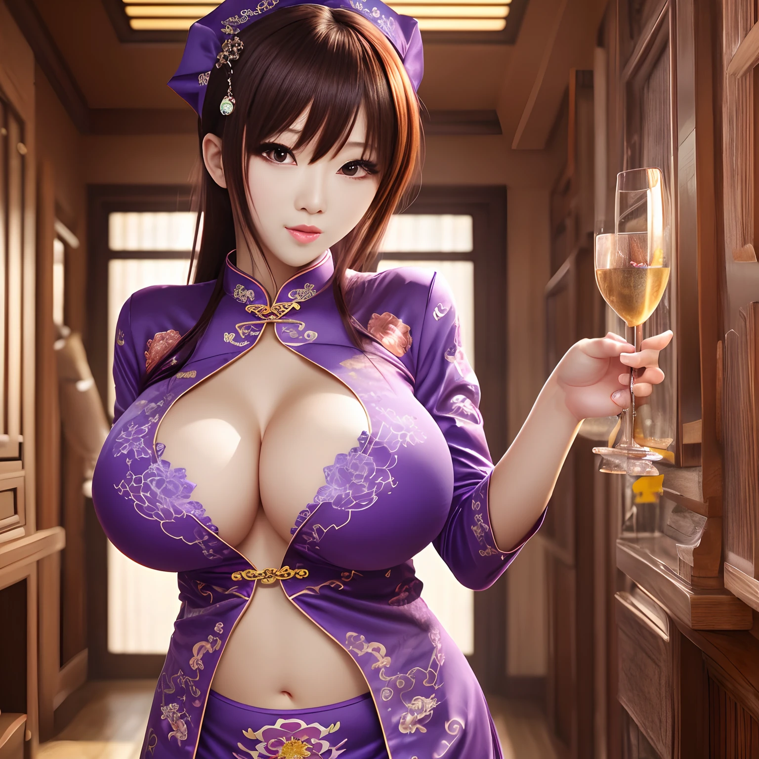 Beautuful Women,huge ,Purple cheongsam,woman,choppy,anime bigrb body,belly-bar,full bodyesRaised sexy,Royal sister