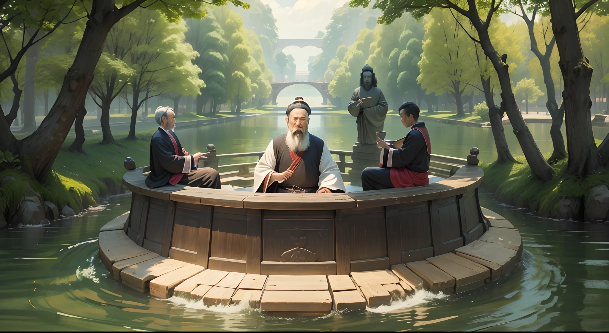 include the Chinese philosopher Laozi in the middle of the Seine, sentado, pensativo, sereno