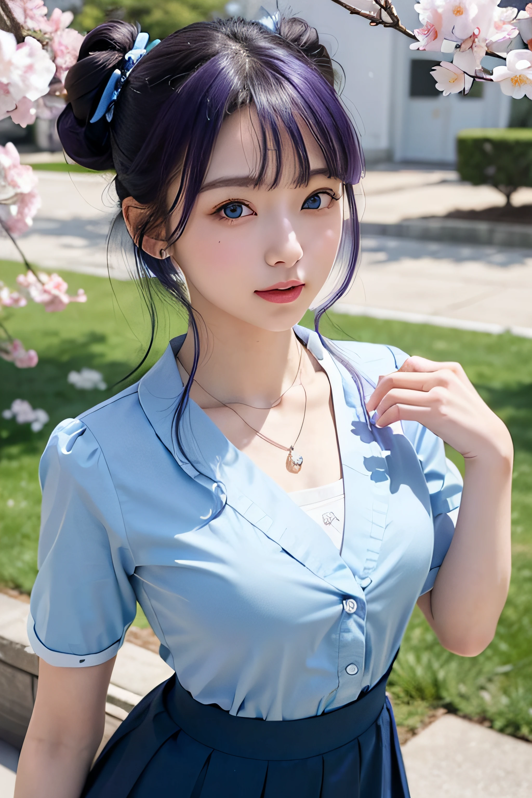 masterpiece, photorealistic, 1girl, bright blue detailed eyes, bright purple hair long, 2 buns, very light blue shirt with dark blue bow, dark blue uniform skirt, full body, large chest, beautiful, soft smile, heart necklace, standing, cherry blossoms falling in background, hopeful, looking up