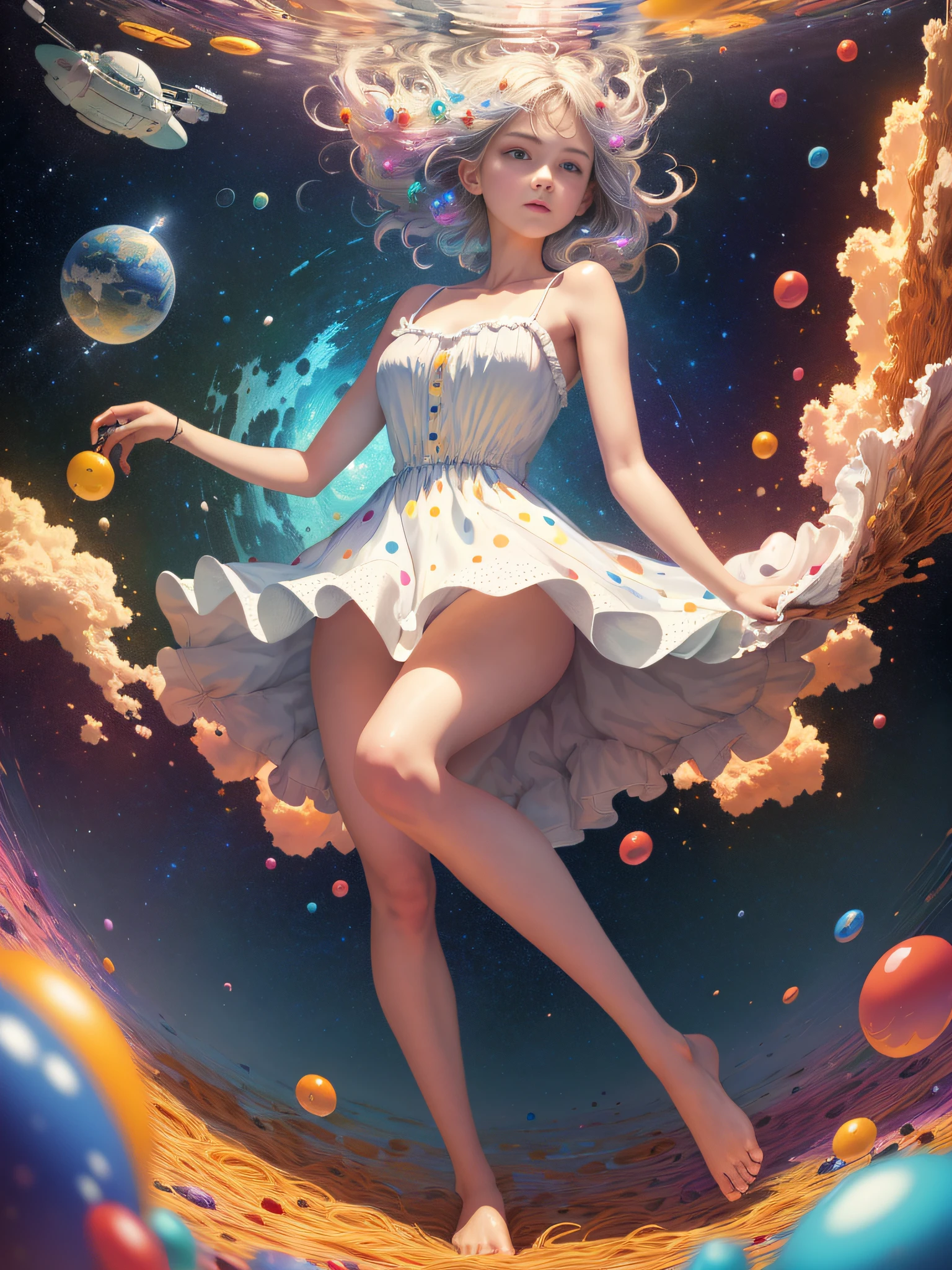 (masterpiece, best quality: 1.2), (super detailed), (illustration), wallpaper, original, 1girl, messy (((color and dynamic))) hair, spaghetti straps, white dress, bare legs, bare feet, Light arm, space, Earth background, low earth orbit, full body, , (surrounded by colored splashes and dots), colored bubbles, (shiny), structurally accurate hand
