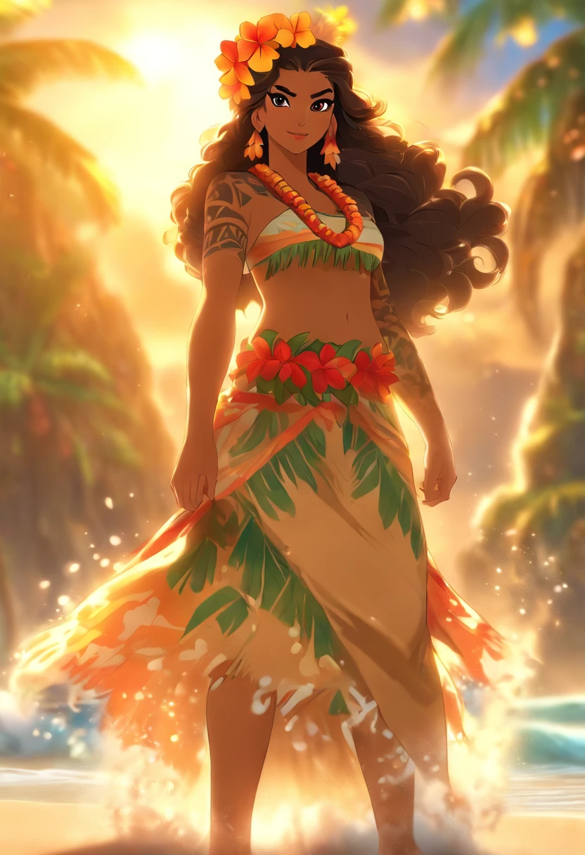 (((Hawaiian woman))) best quality, ultra-high resolution, 4K detailed CG, master piece, Brunette woman, aboriginal, beach,sea,sand,Hawaiian clothing,hawaii, Maori tattoos,Maori mythology, ((standing) ), Maori Picture Style, aesthetic, screen-centered, full body