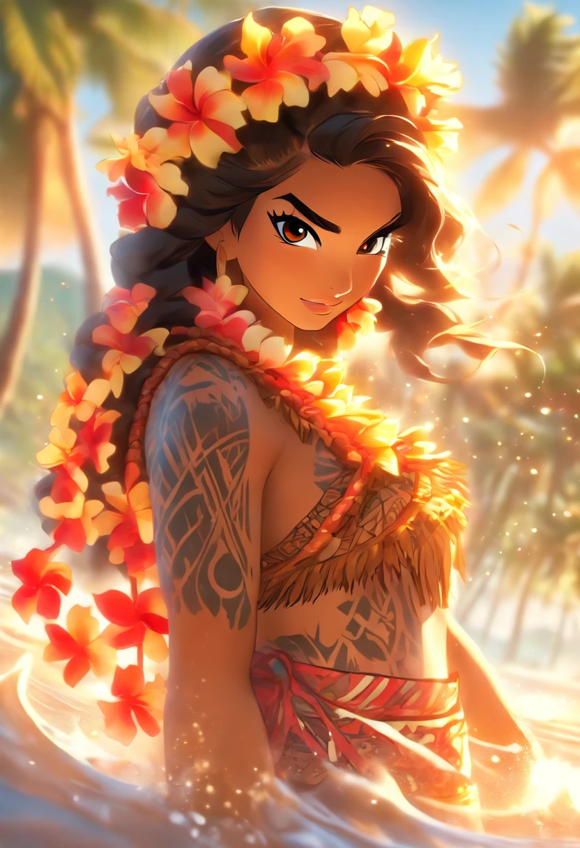 (((Hawaiian woman))) best quality, ultra-high resolution, 4K detailed CG, master piece, Brunette woman, aboriginal, beach,sea,sand,Hawaiian clothing,hawaii, Maori tattoos,Maori mythology, ((standing) ), Maori Picture Style, aesthetic, screen-centered, full body