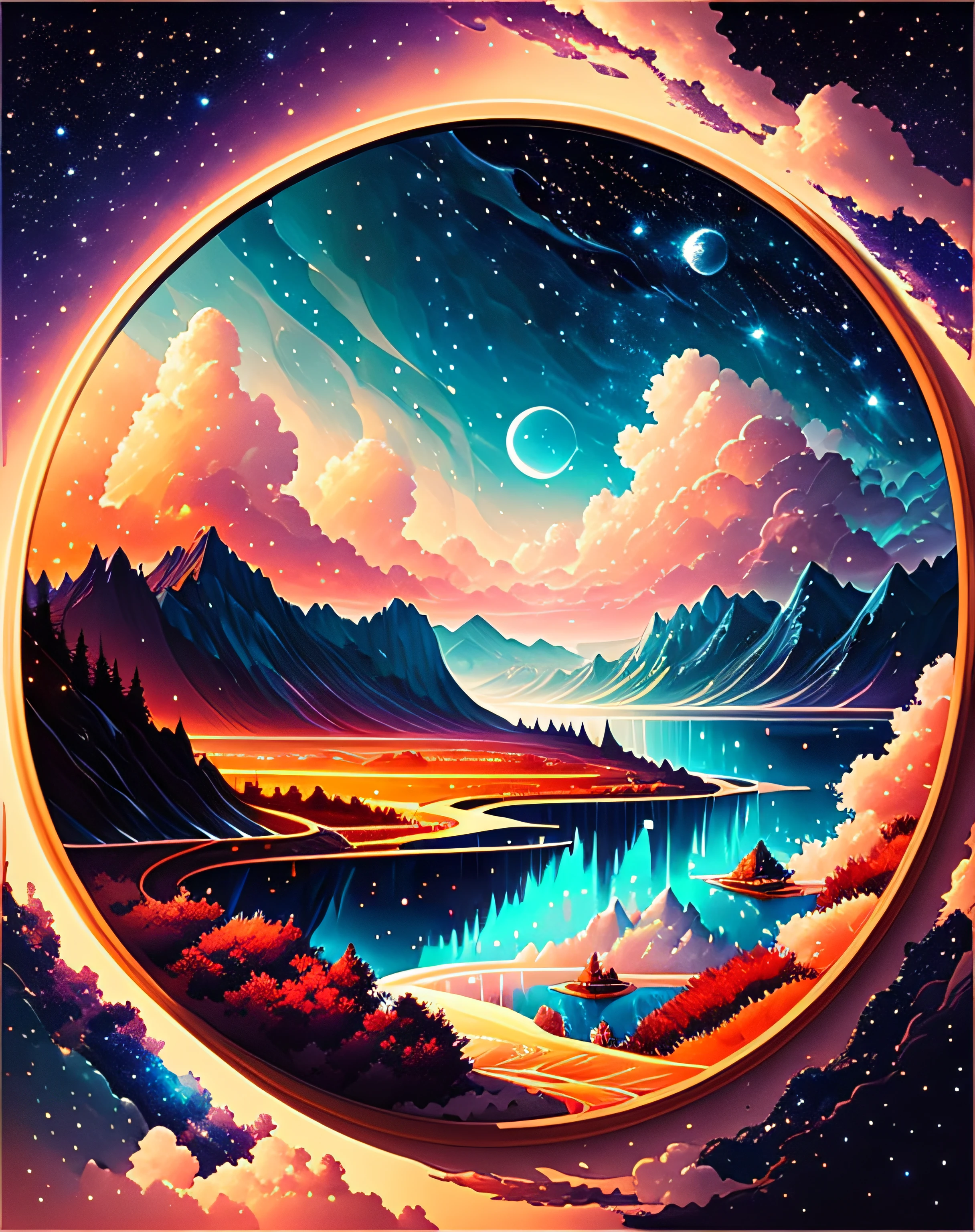 A beautiful land full of water and and clouds, astrophotography, masterpiece, expert, insanely detailed, 4k, composition, painted, intricate, volumetric lighting, beautiful, rich deep color masterpiece, sharp focus, ultra detailed, in the style of marc simonetti, astrophotography, vector, print