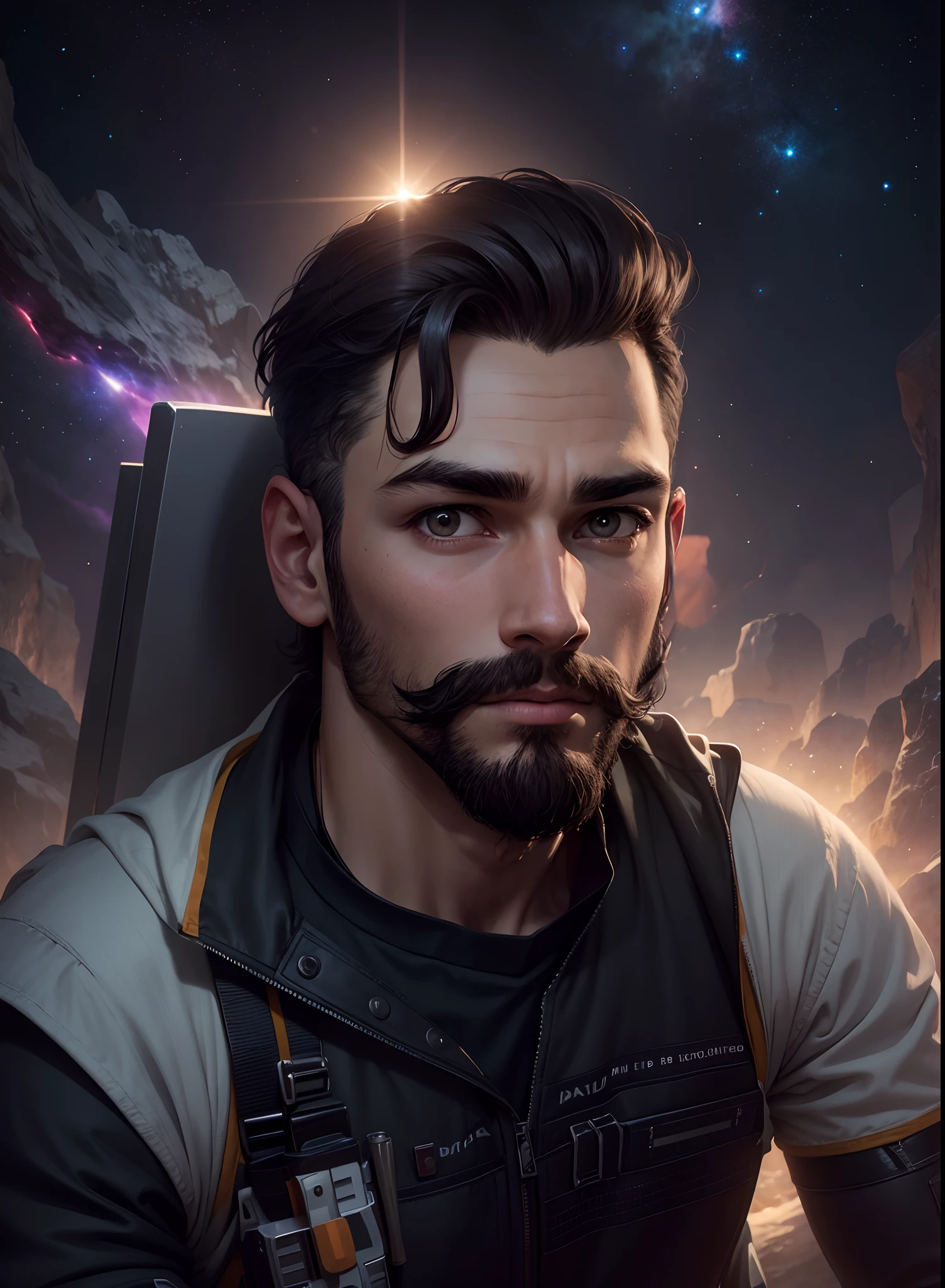 Draw a young programmer, sitting on a research platform floating in the middle of an asteroid belt. He is studying with a notebook, surrounded by several asteroids glowing with fiery auras. Dramatic lighting from distant stars and planets illuminates the scene, casting deep shadows on the suit. The young man looks confident and determined, looking at the vast and mysterious universe with wonder and respect,facial hair, cowboy shot,