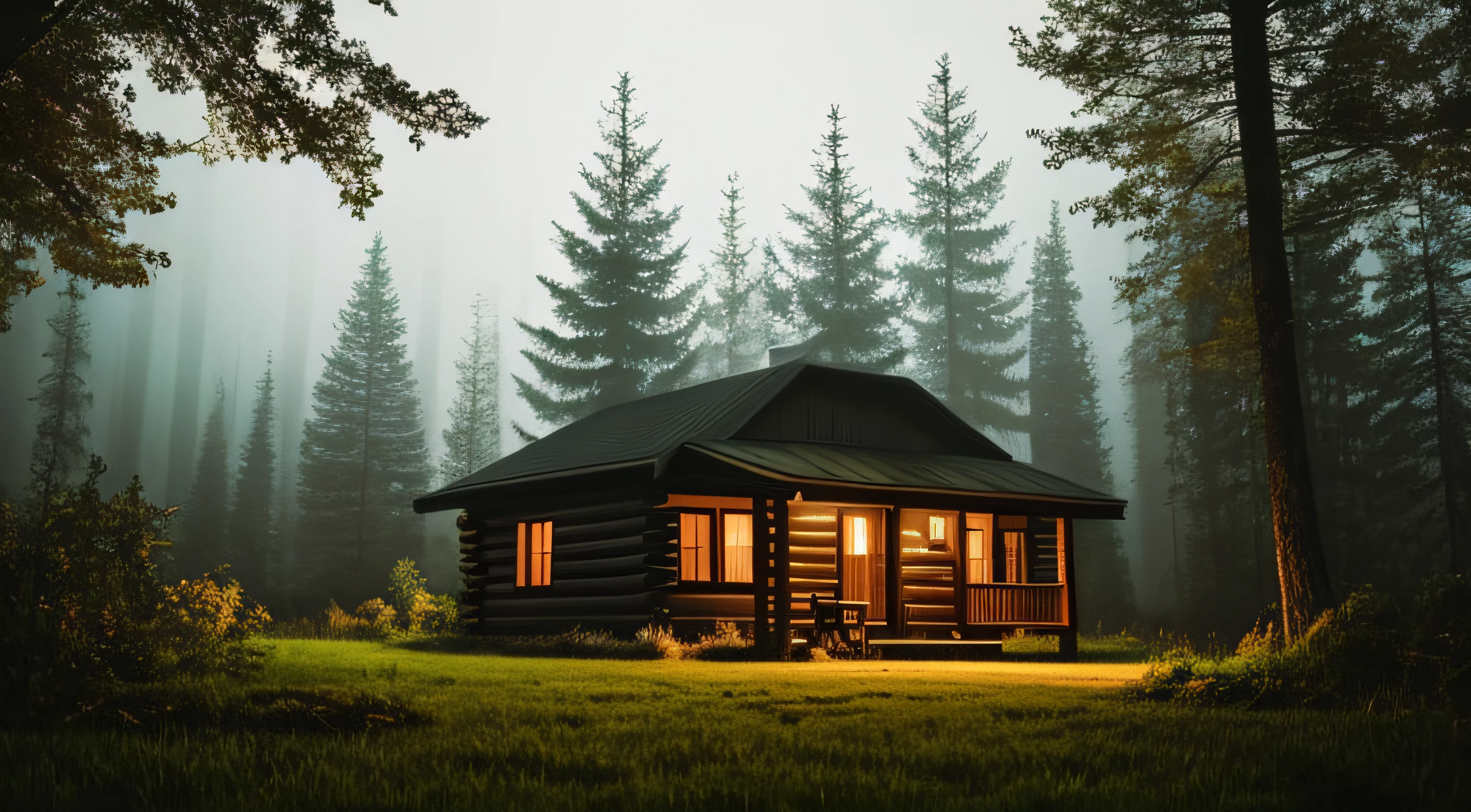 a realistic cabin in the forest at night, with a lot of fog, dark sky with rain, ground all wet with water
