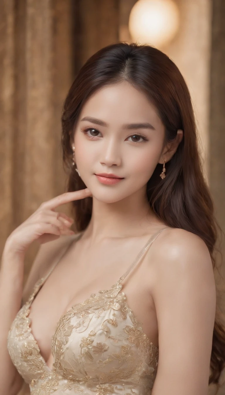 myth,argent,kebaya,Scroll,batik,sleeveless, treasure,universe, face the camera, smile, 19 year old girl, cute girl, beautiful girl, indonesian model, white healthy skin, delicate eyes, tied-up hair, ethnic earrings, gold tiara, full body photo, (sexy body:1.2), (slim waist:1.2), product photo shot, hand pointing right, nsfw, topless, nipples, gorgeous boobs.