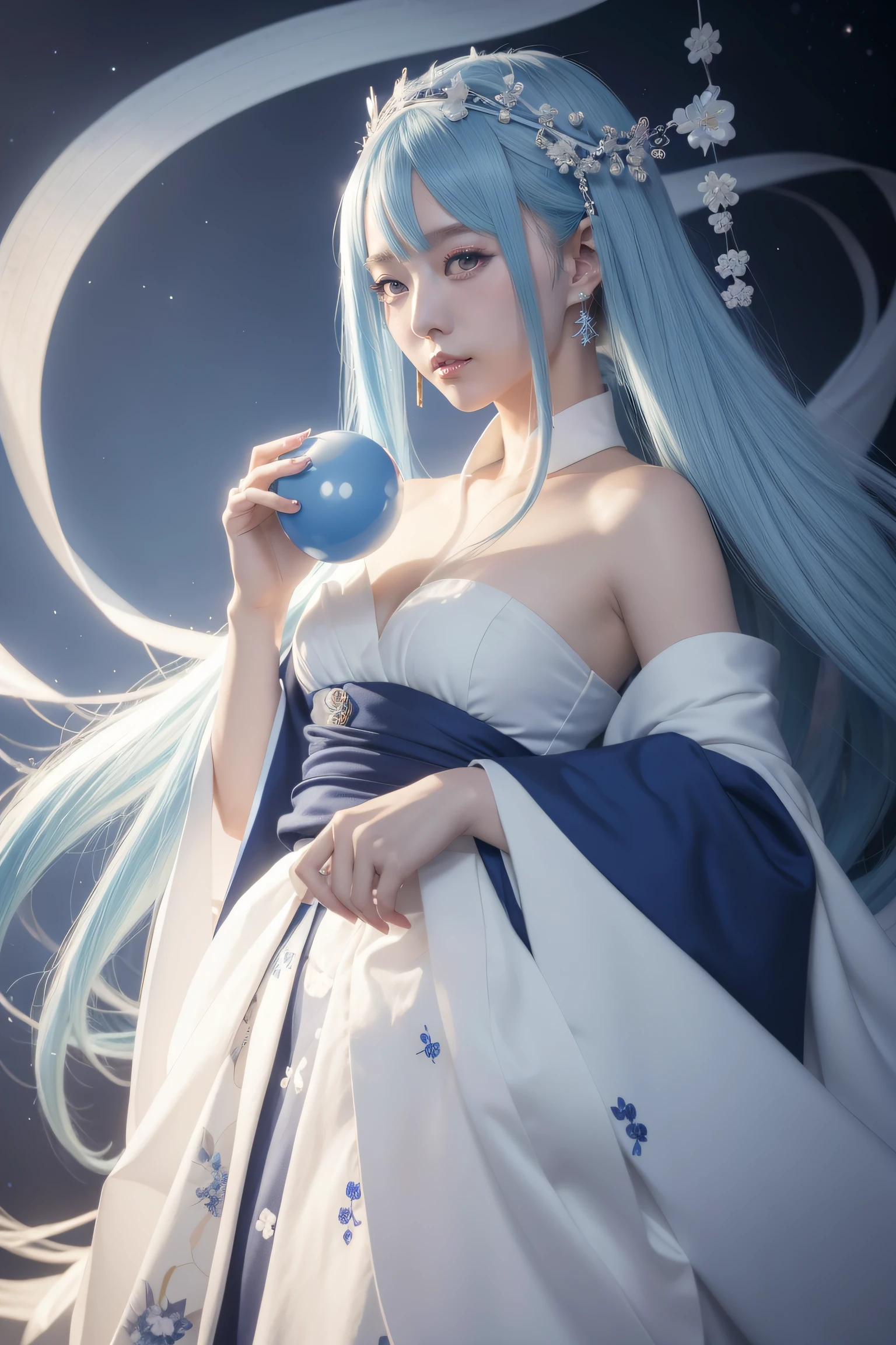 Anime girl holding blue ball in blue and white dress, onmyoji, Onmyoji detailed art, onmyoji portrait, white-haired god, Keqing from Genshin Impact, Genshin, From Arknights, zhongli from genshin impact, heise jinyao, author:Shitao, drak, by Yang J, Yun Ling