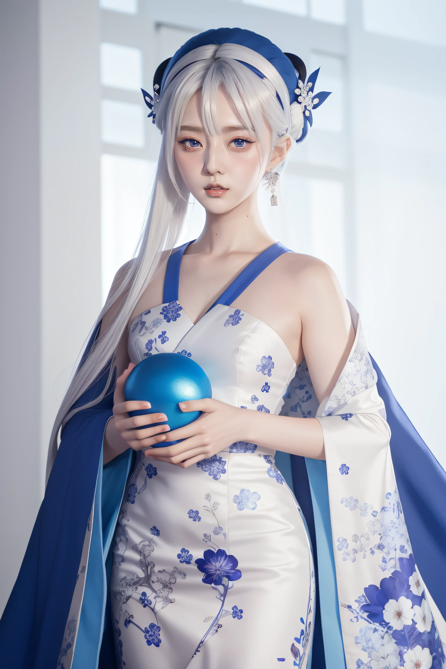 Anime girl holding blue ball in blue and white dress, onmyoji, Onmyoji detailed art, onmyoji portrait, white-haired god, Keqing from Genshin Impact, Genshin, From Arknights, zhongli from genshin impact, heise jinyao, author：Shitao, drak, by Yang J, Yun Ling