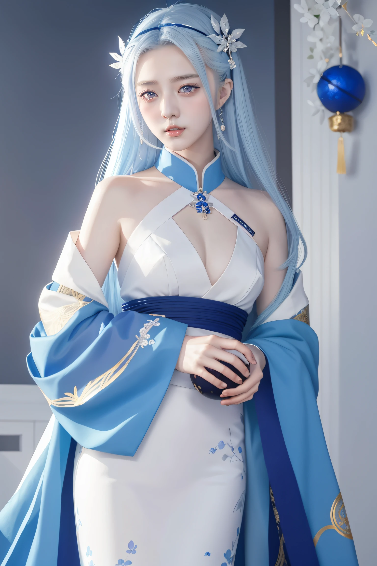 Anime girl holding blue ball in blue and white dress, onmyoji, Onmyoji detailed art, onmyoji portrait, white-haired god, Keqing from Genshin Impact, Genshin, From Arknights, zhongli from genshin impact, heise jinyao, author:Shitao, drak, by Yang J, Yun Ling